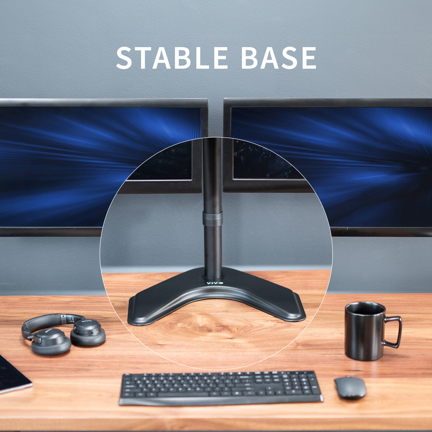 Enjoy ergonomic viewing angles with our freestanding dual monitor stand. 