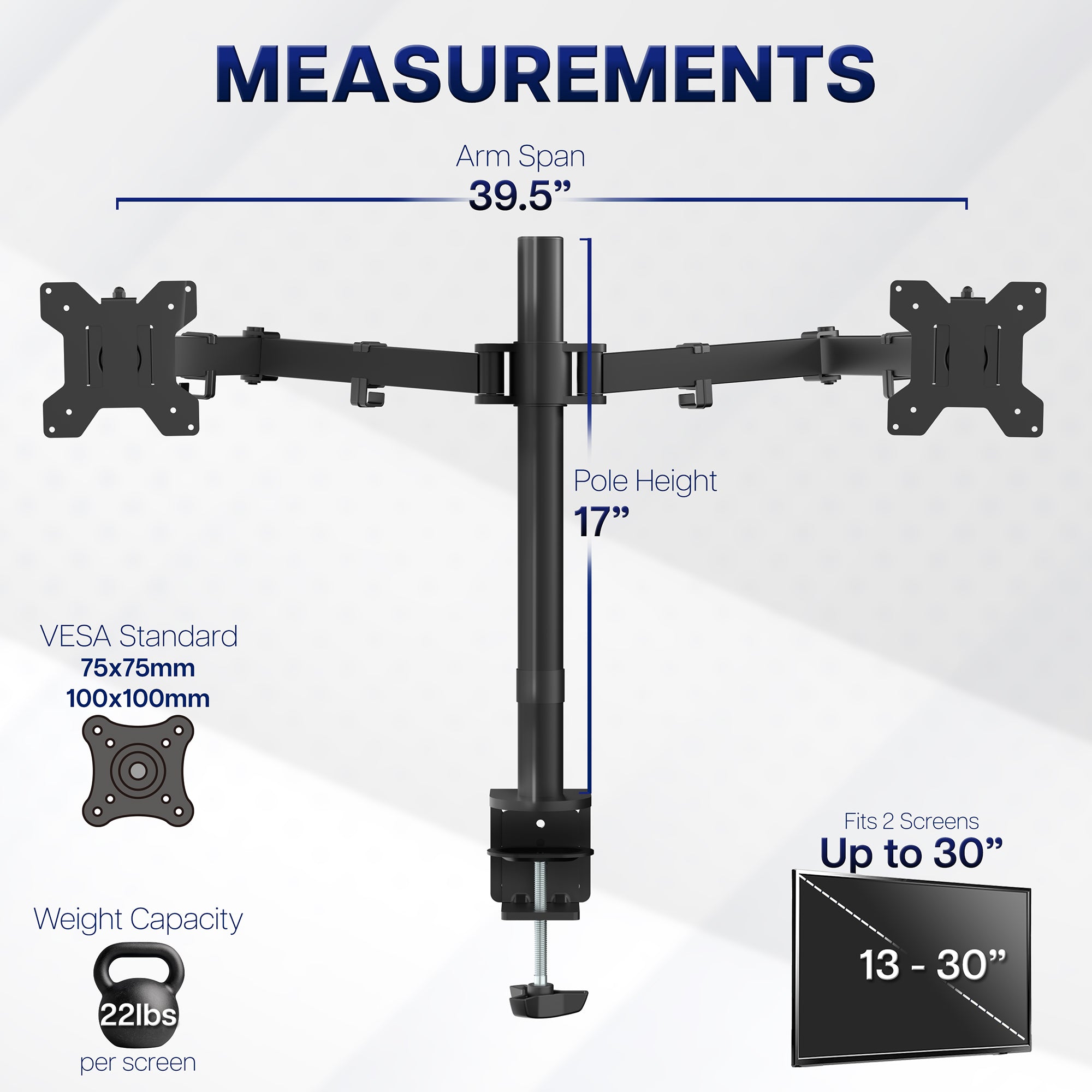 Dual Monitor Mount with measurements on a white background
