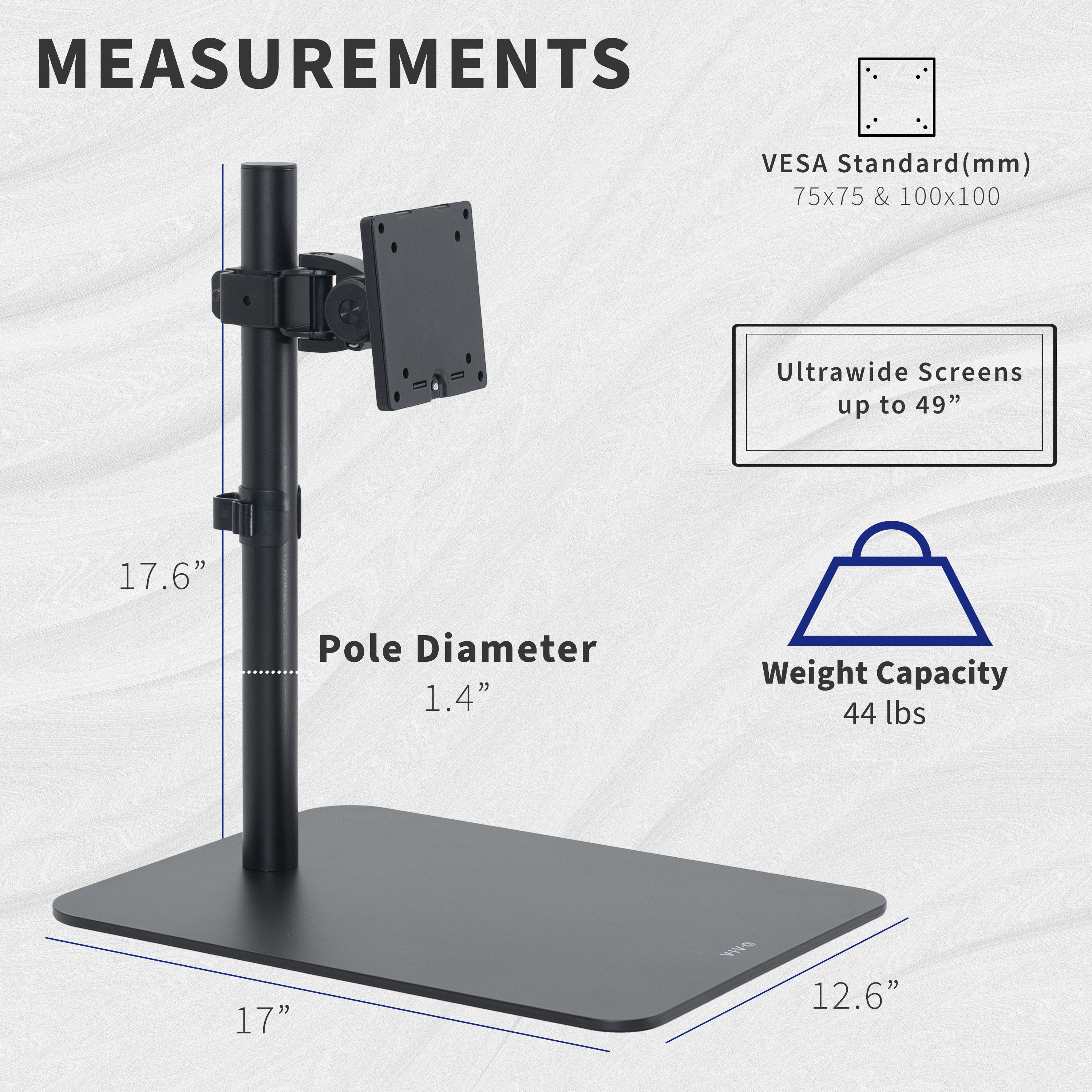 Monitor stand with measurements and specifications on a light gray background