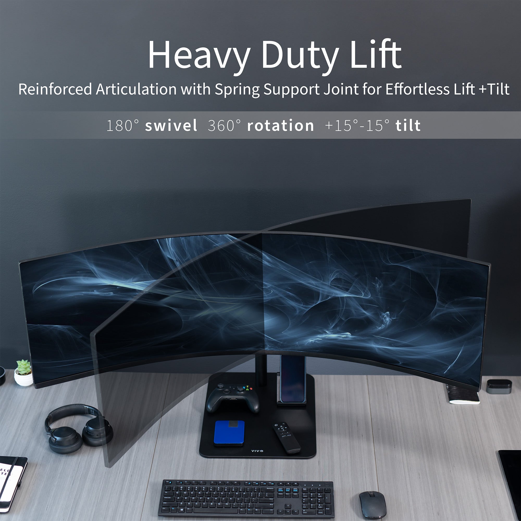Computer setup with a large monitor on a desk, featuring text about product features.