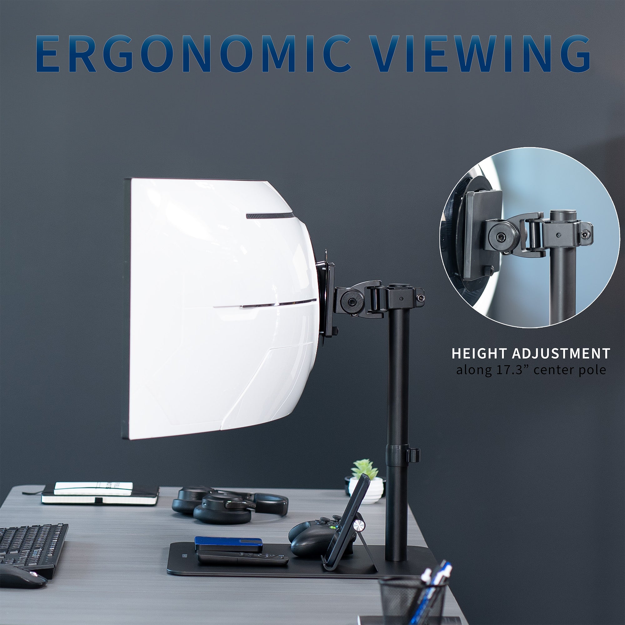 Ergonomic viewing setup with monitor stand and desk setup on a gray background