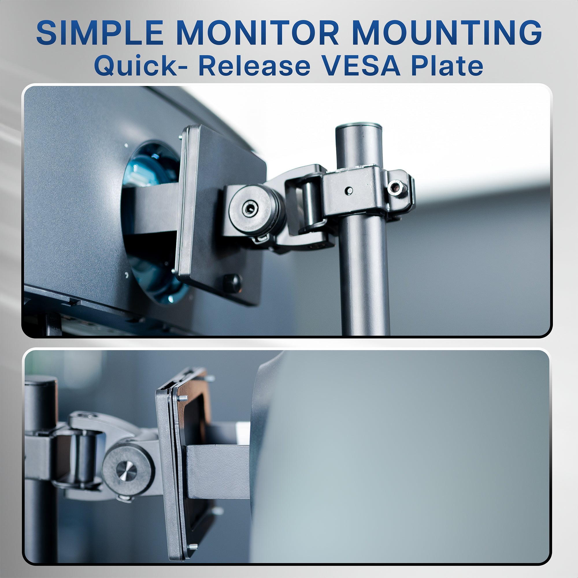 Quick-release VESA plate for monitor mounting with close-up details on a gray background.