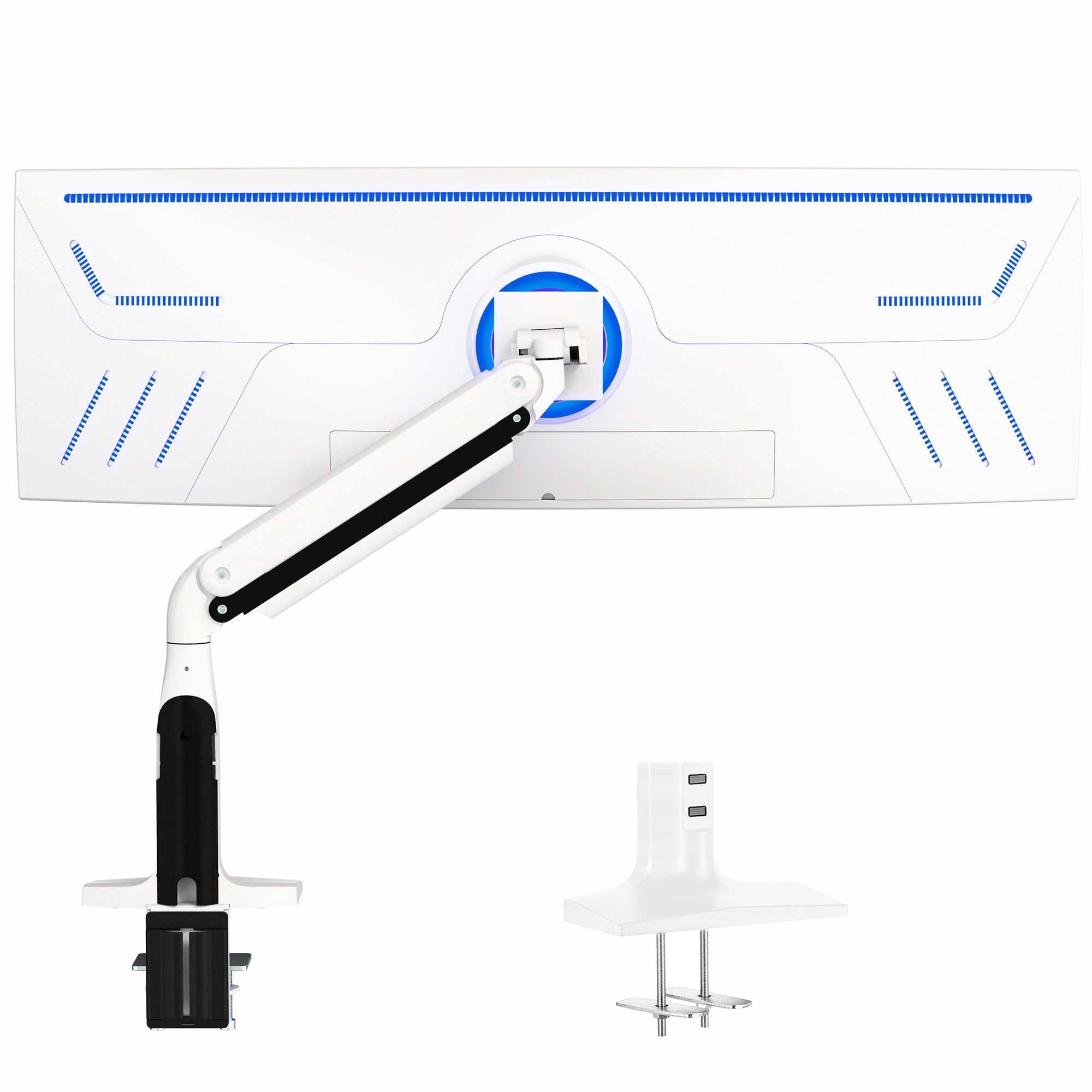 Sturdy height adjustable pneumatic arm supporting a single ultrawide monitor.