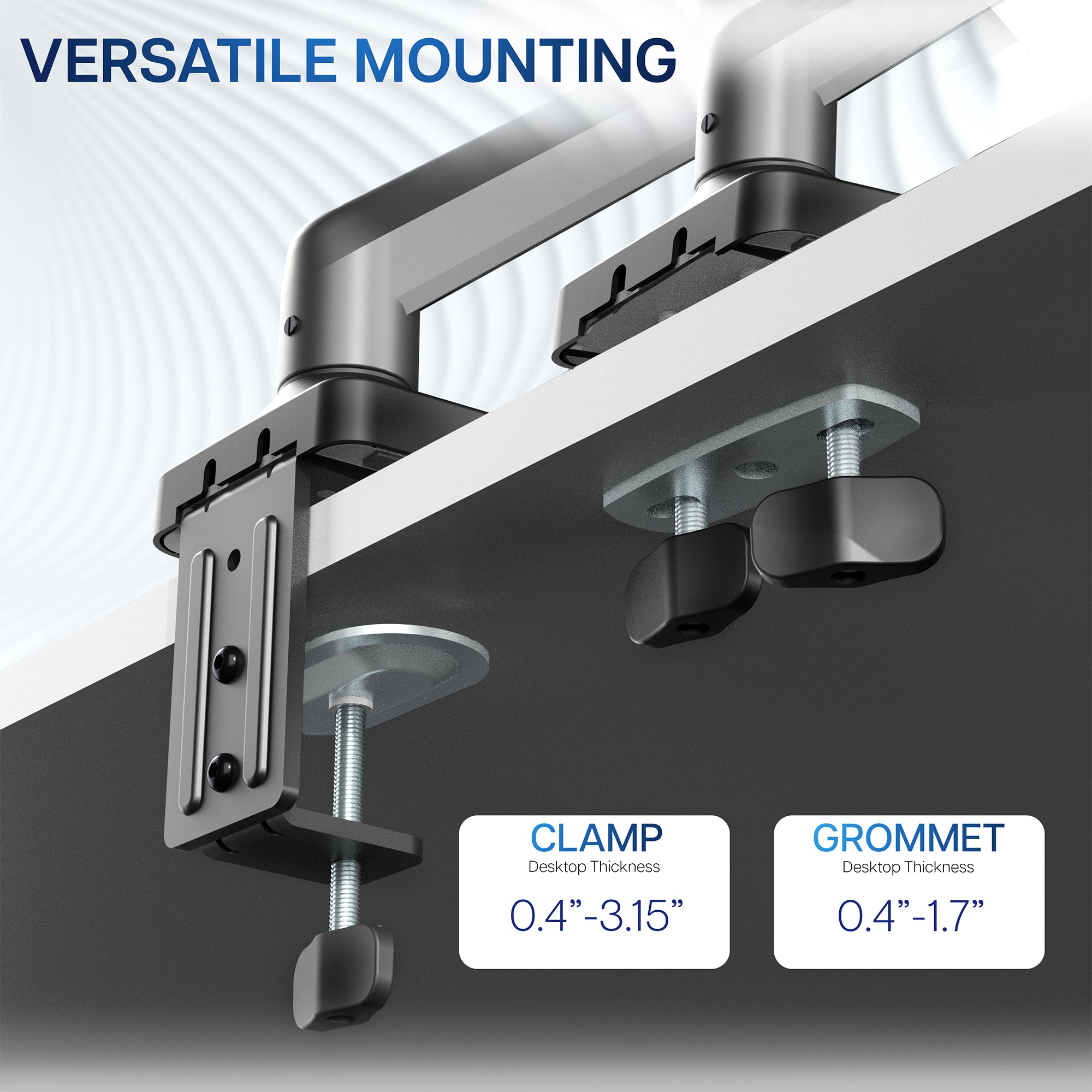 Versatile mounting clamp and grommet system on a desk with text indicating compatibility range.
