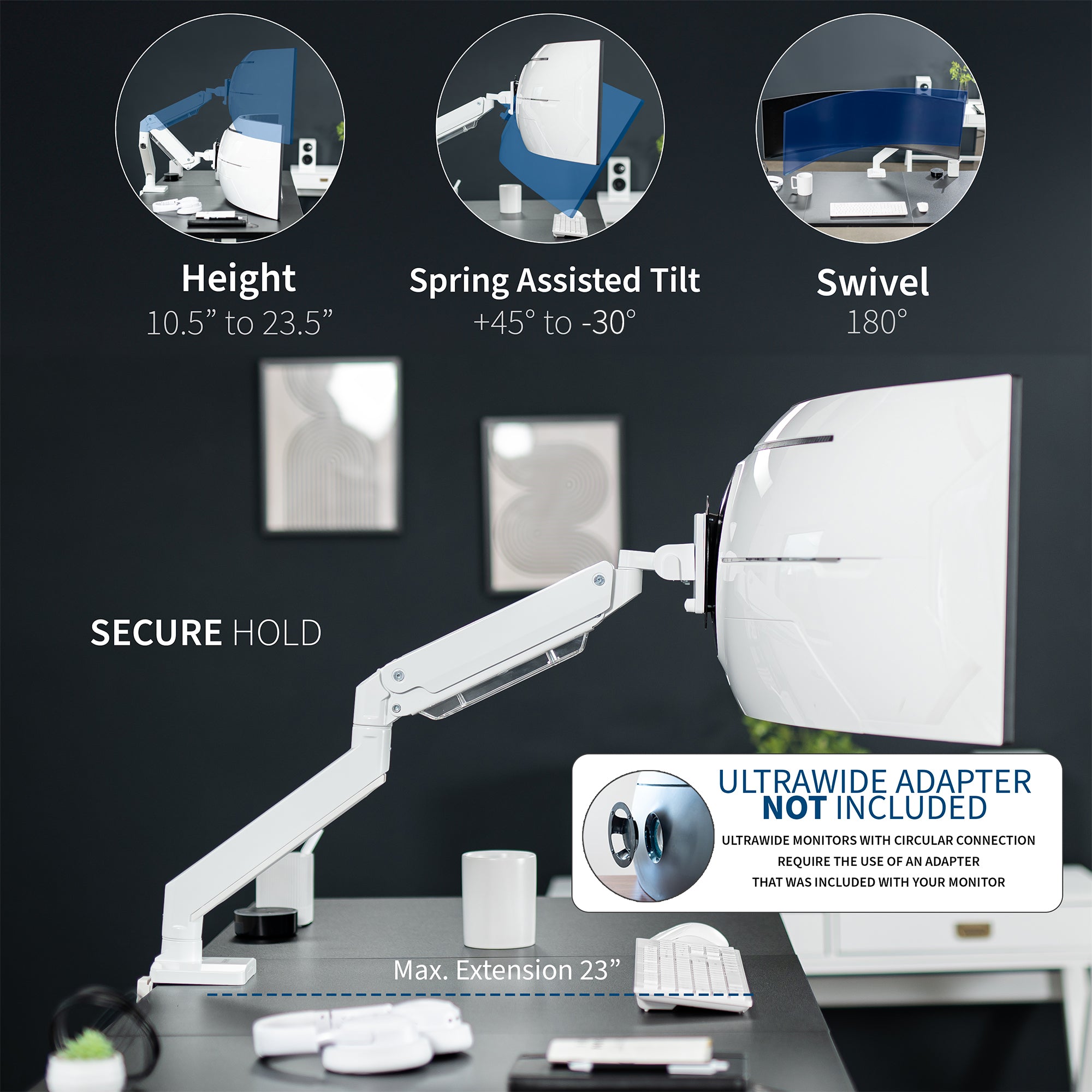 Sturdy adjustable pneumatic arm single ultrawide monitor ergonomic desk mount for office workstation