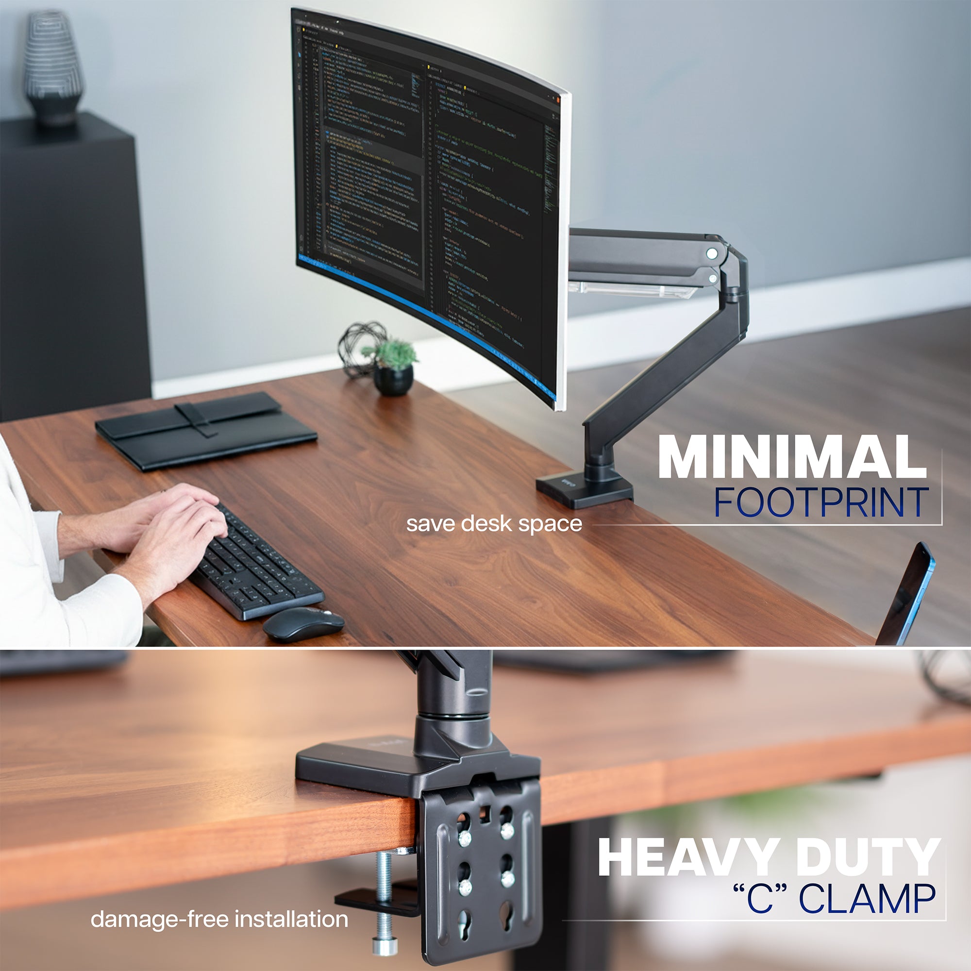 Pneumatic Arm Single Ultrawide Monitor Desk Mount with heavy duty c clamp resulting in a minimal footprint.
