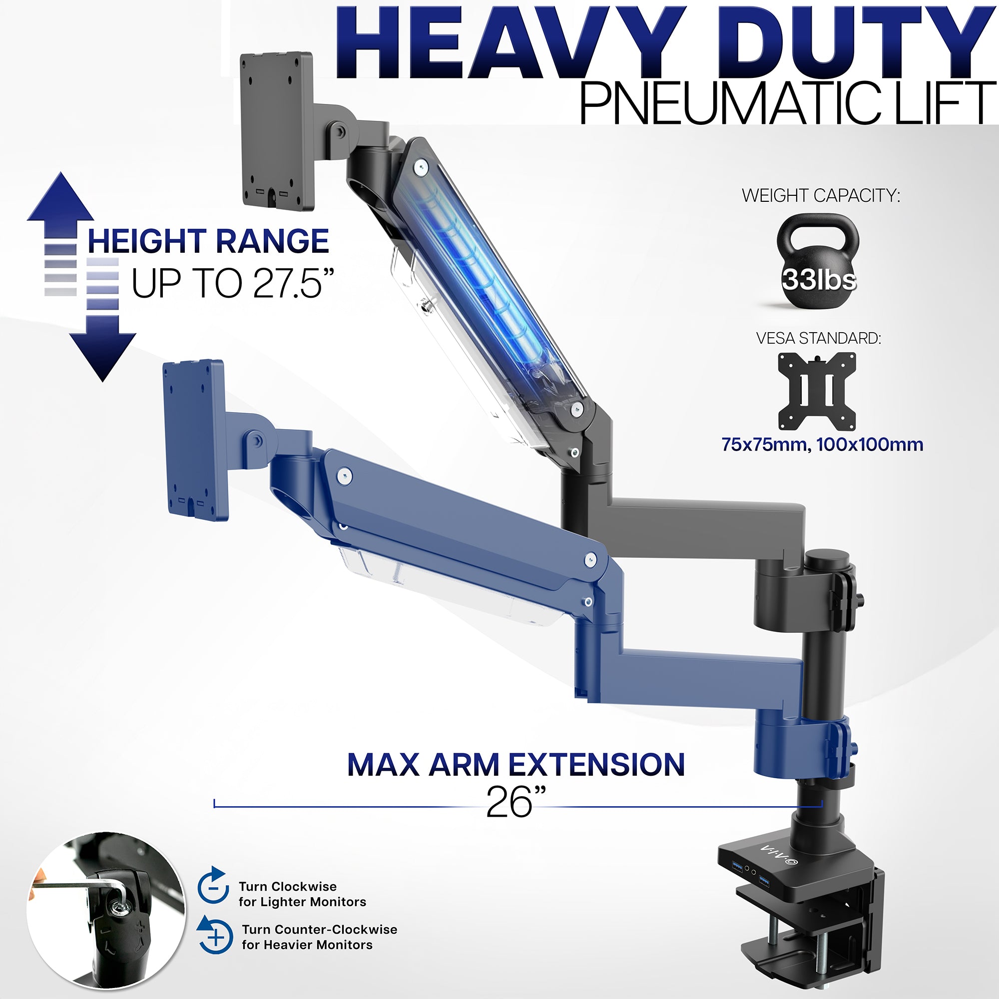 Heavy-duty pneumatic lift with arm extension and specifications on a white background