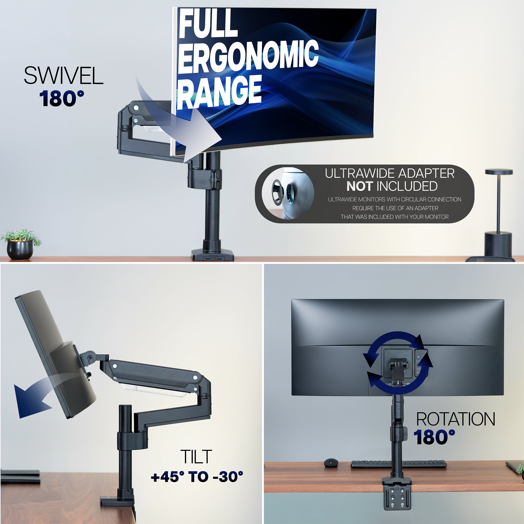 Ergonomic, Pneumatic Arm, Single Ultrawide Monitor Desk Mount with USB with swivel, tilt, and rotation features on a desk.