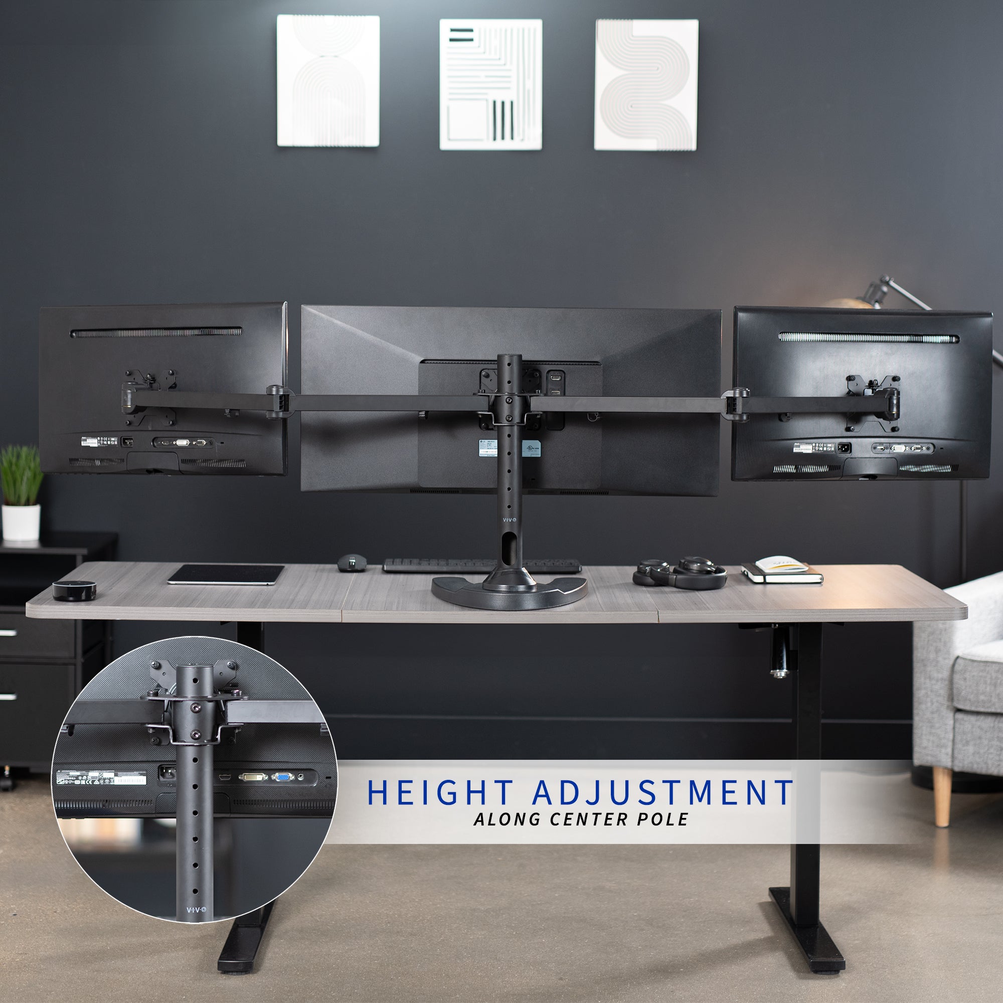 Height adjustment along the center pole allowing ergonomic positioning.