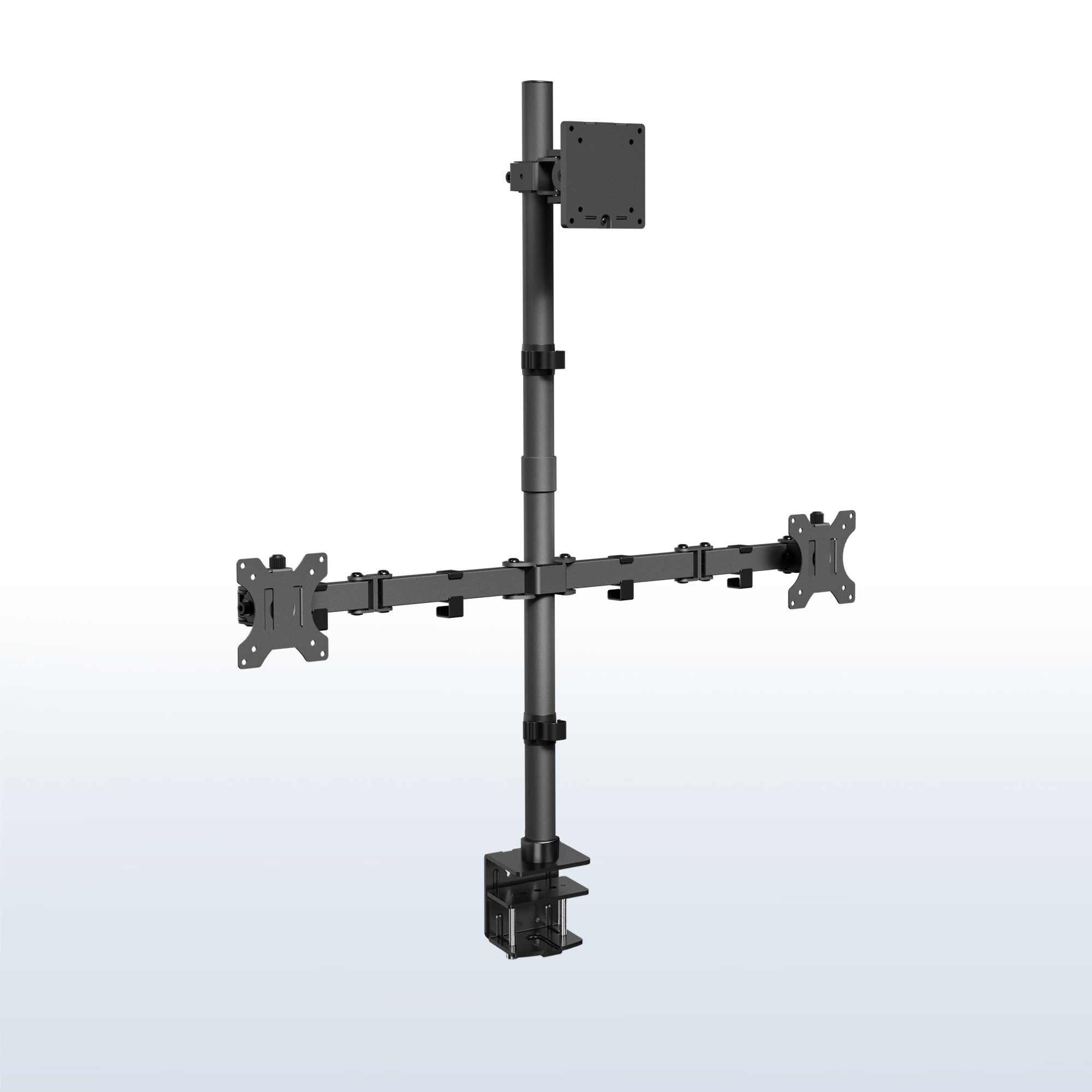 Black monitor stand with multiple arm extensions on a white background
