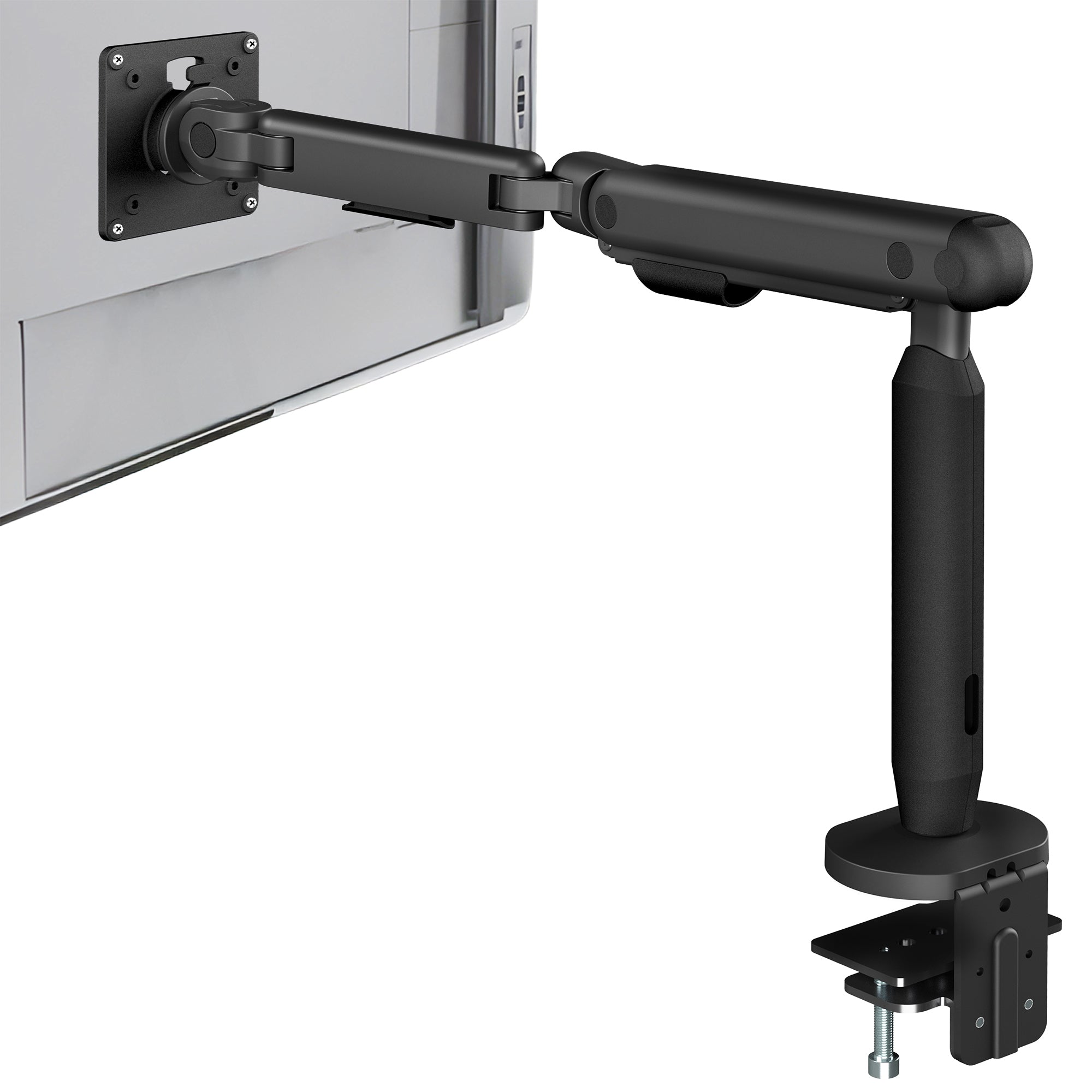 Black monitor arm attached to a computer screen on a white background