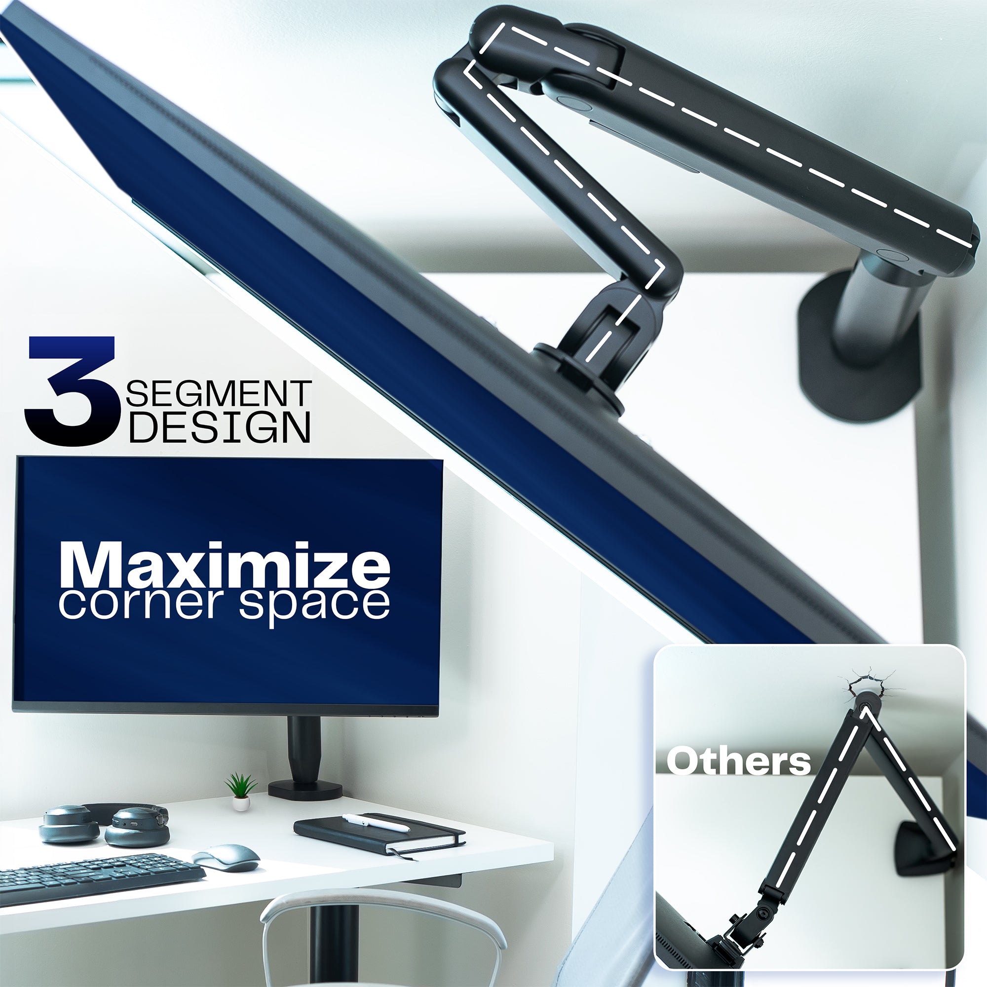 Desk lamp with adjustable arm on a desk setup, emphasizing corner space maximization.