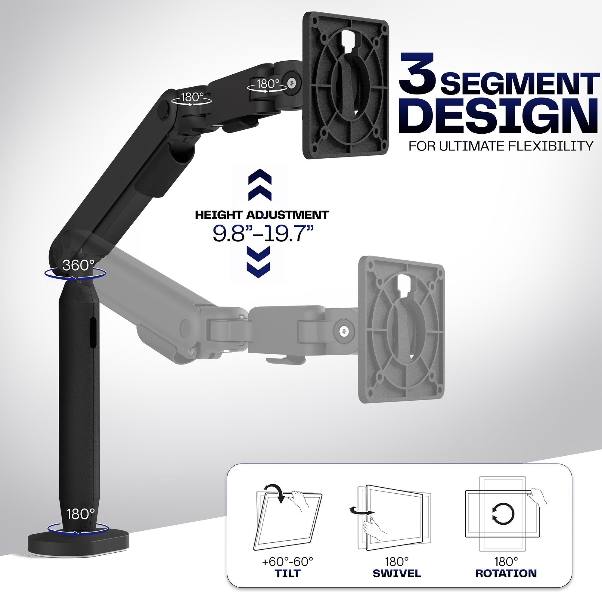 Monitor stand with adjustable arm and mount on a white background