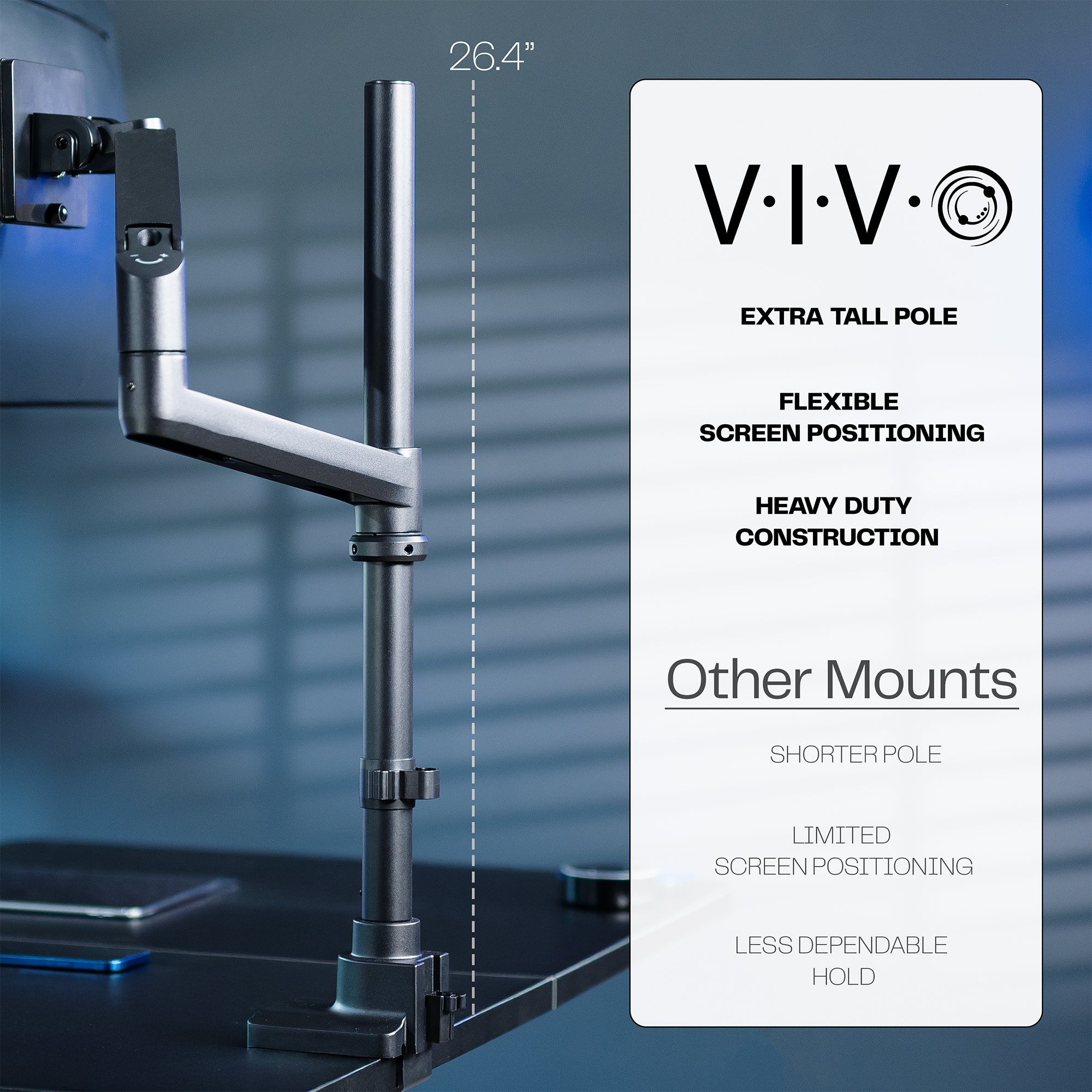 VIVO monitor stand with specifications on a blurred office background