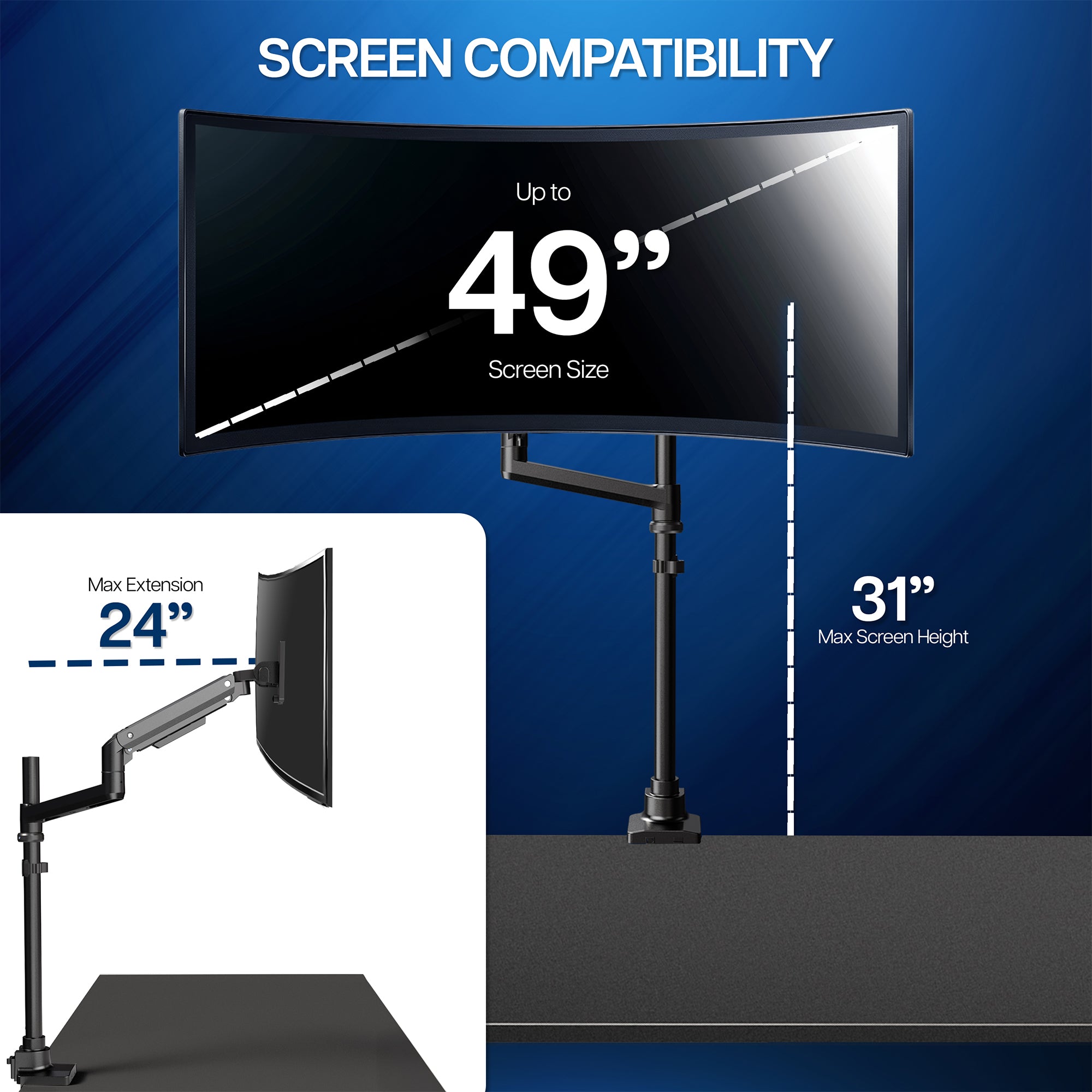 Monitor stand with screen compatibility features on a blue background