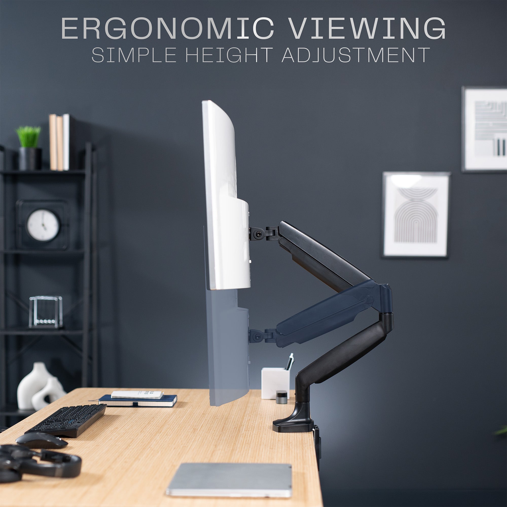 Single ultrawide monitor desk mount arm with a black finish with text showing height adjustment feature.