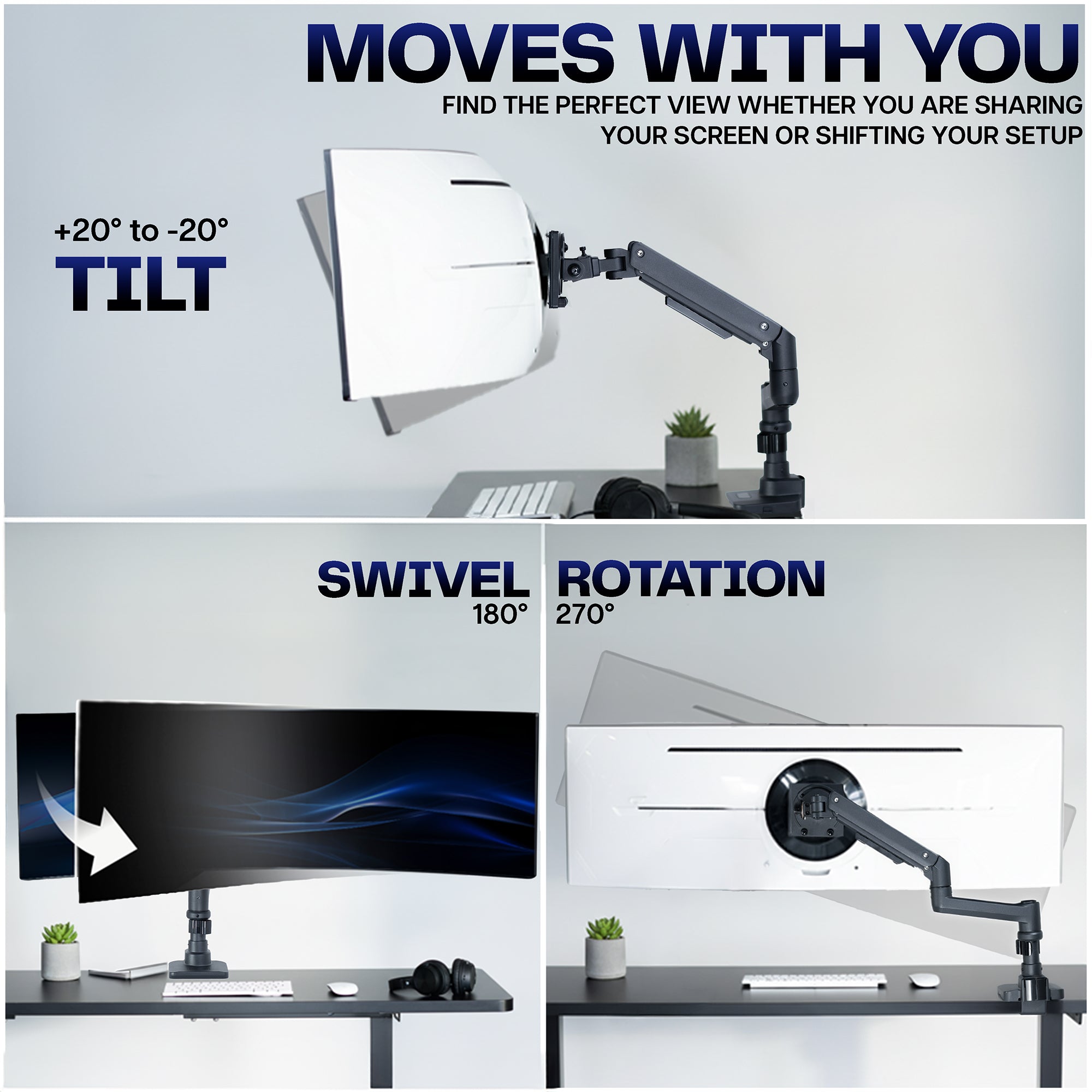 Pneumatic Arm Single Ultrawide Monitor Desk Mount - Up to 57" Screens