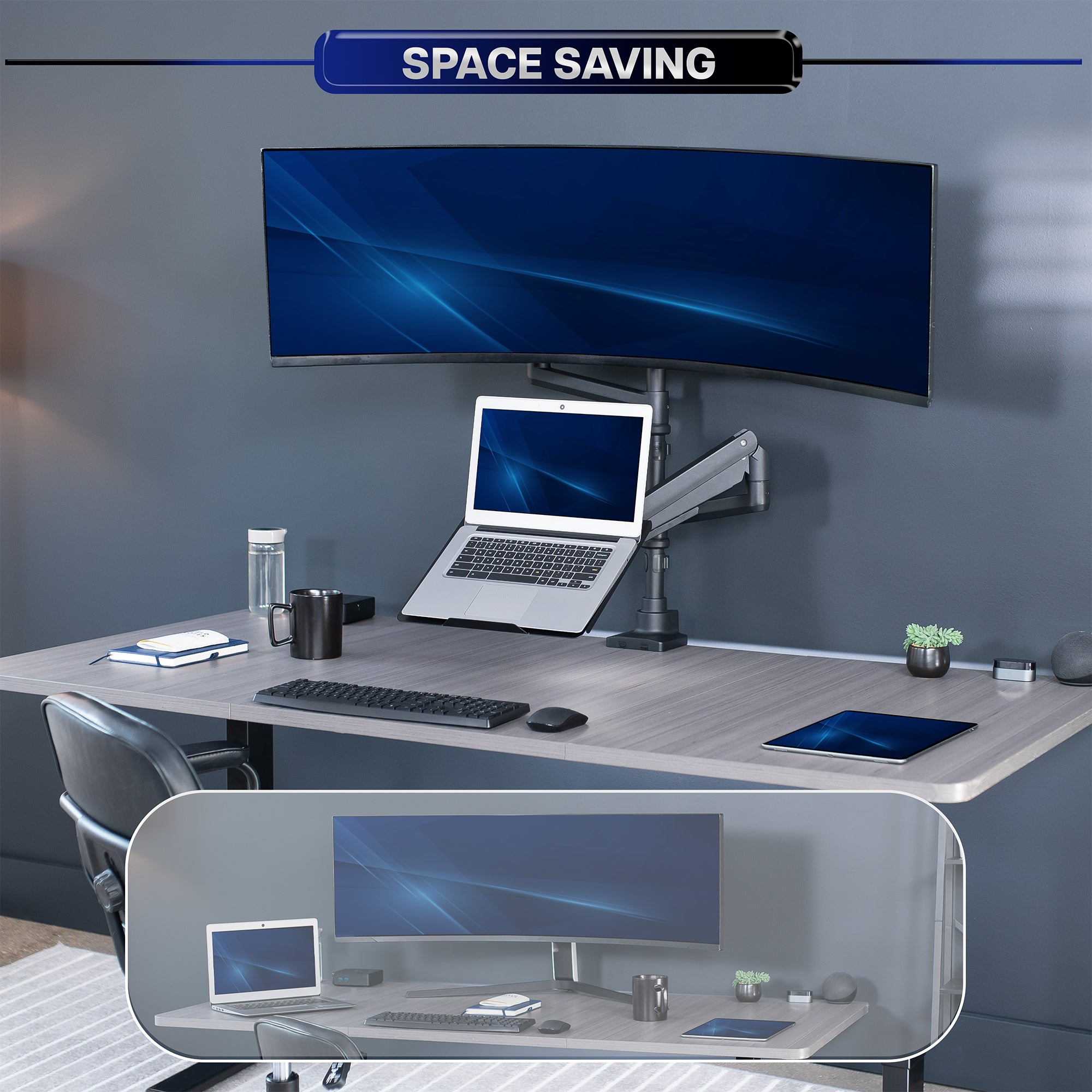 Modern office setup with monitor laptop stand on a desk, featuring space-saving design.