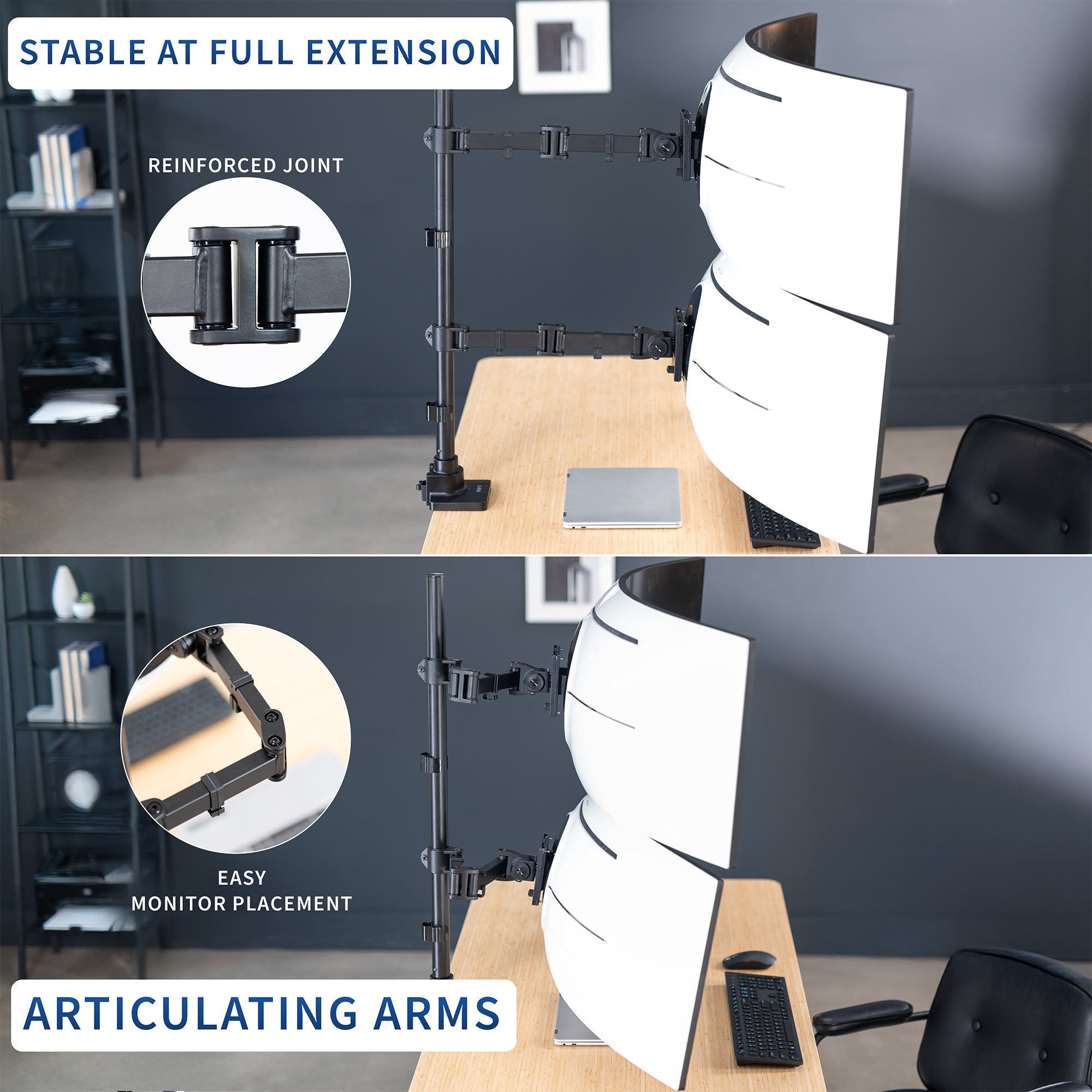 Monitor stand with articulating arms on a desk, showing stability and ease of use.