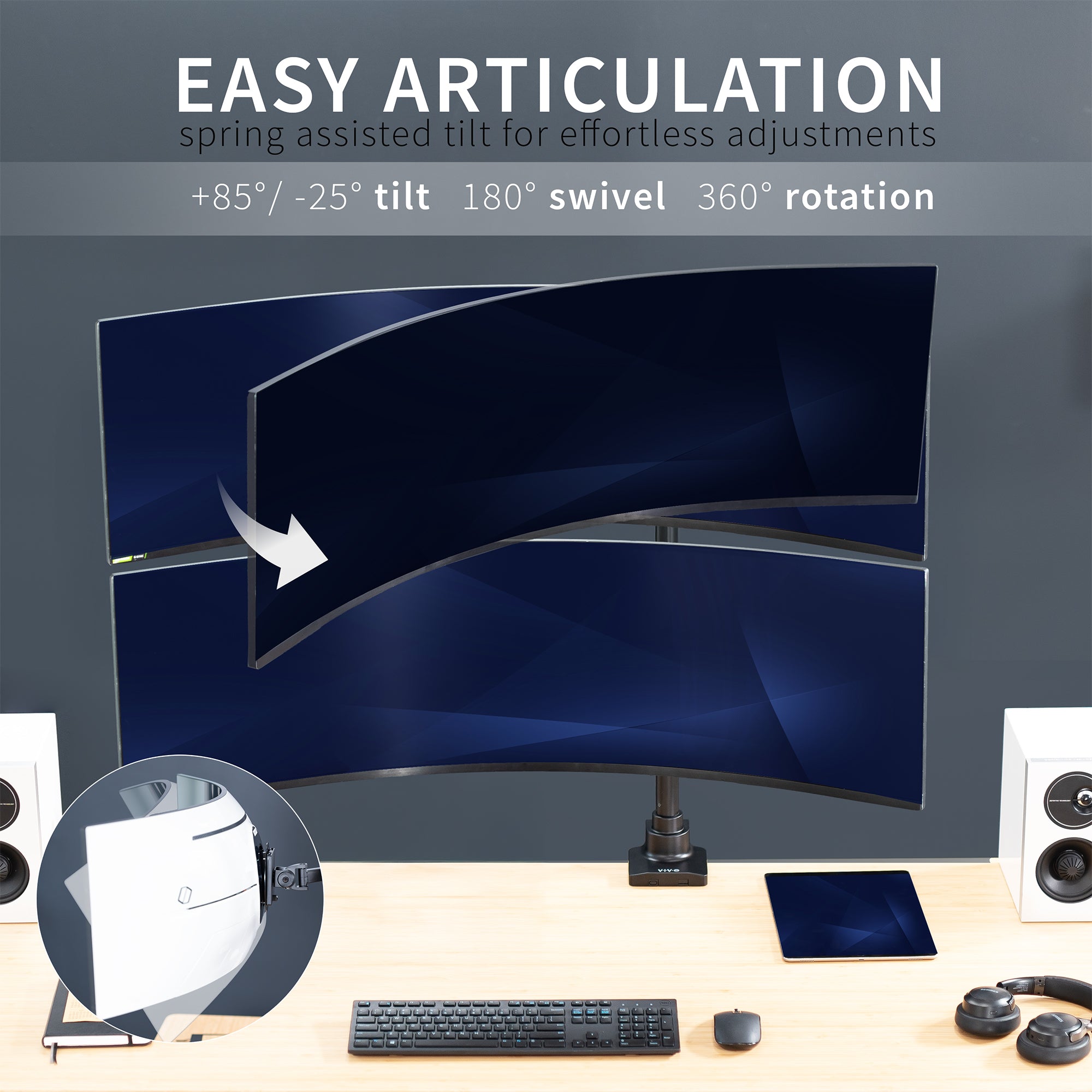 Curved monitor with adjustable features on a desk setup