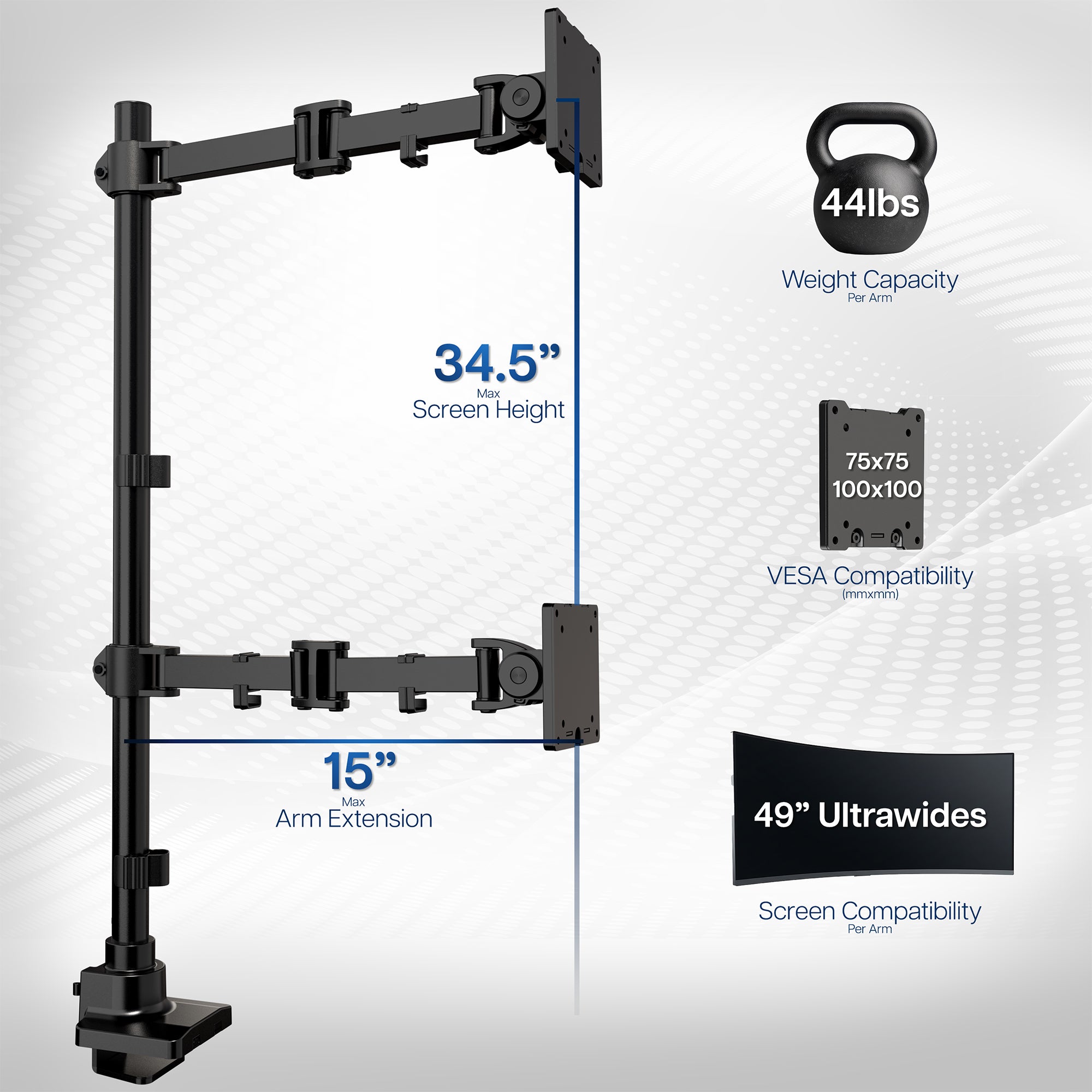 Monitor arm with specifications on screen height, arm extension, weight capacity, VESA compatibility, and screen compatibility.