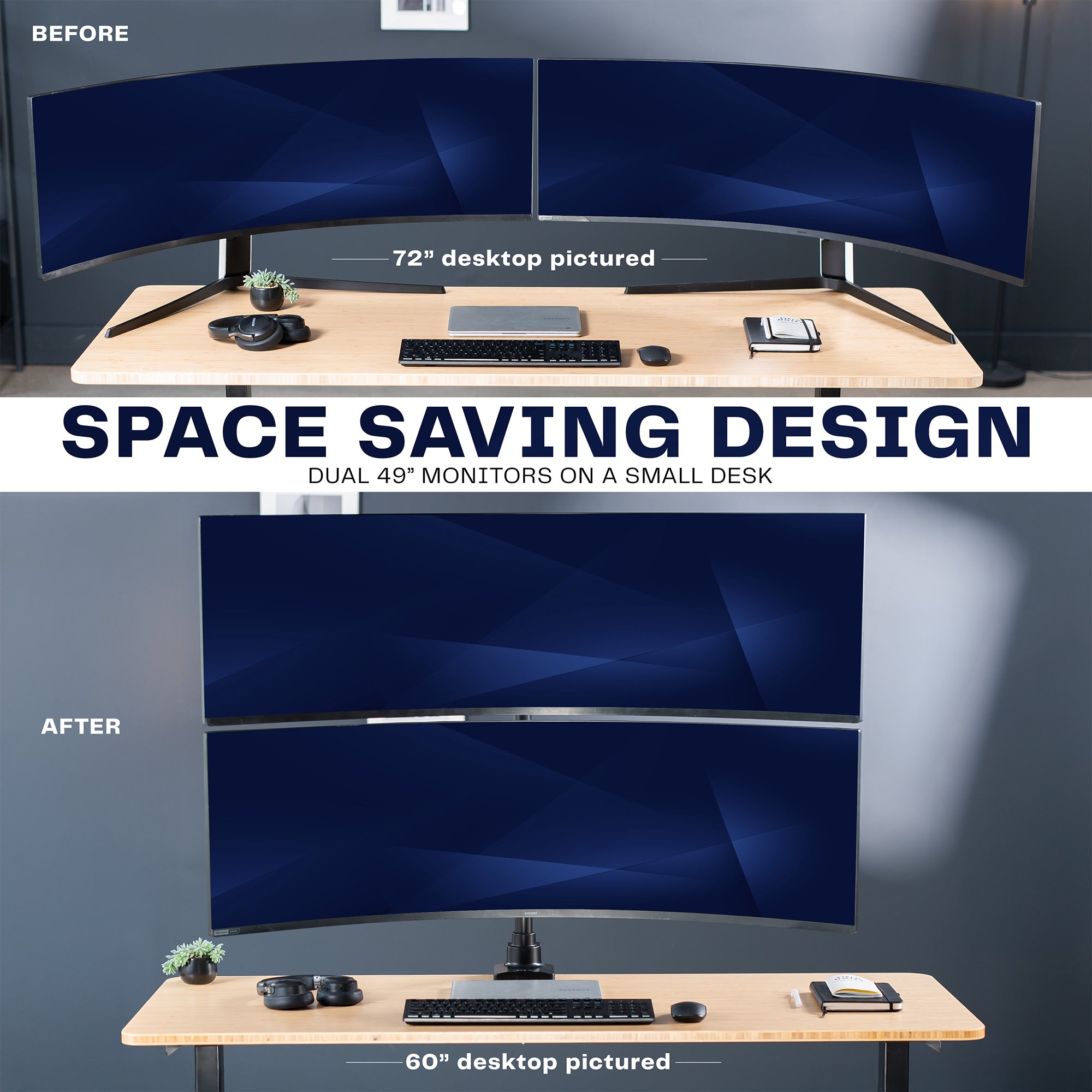 Before and after comparison of a space-saving design with dual monitors on a small desk.