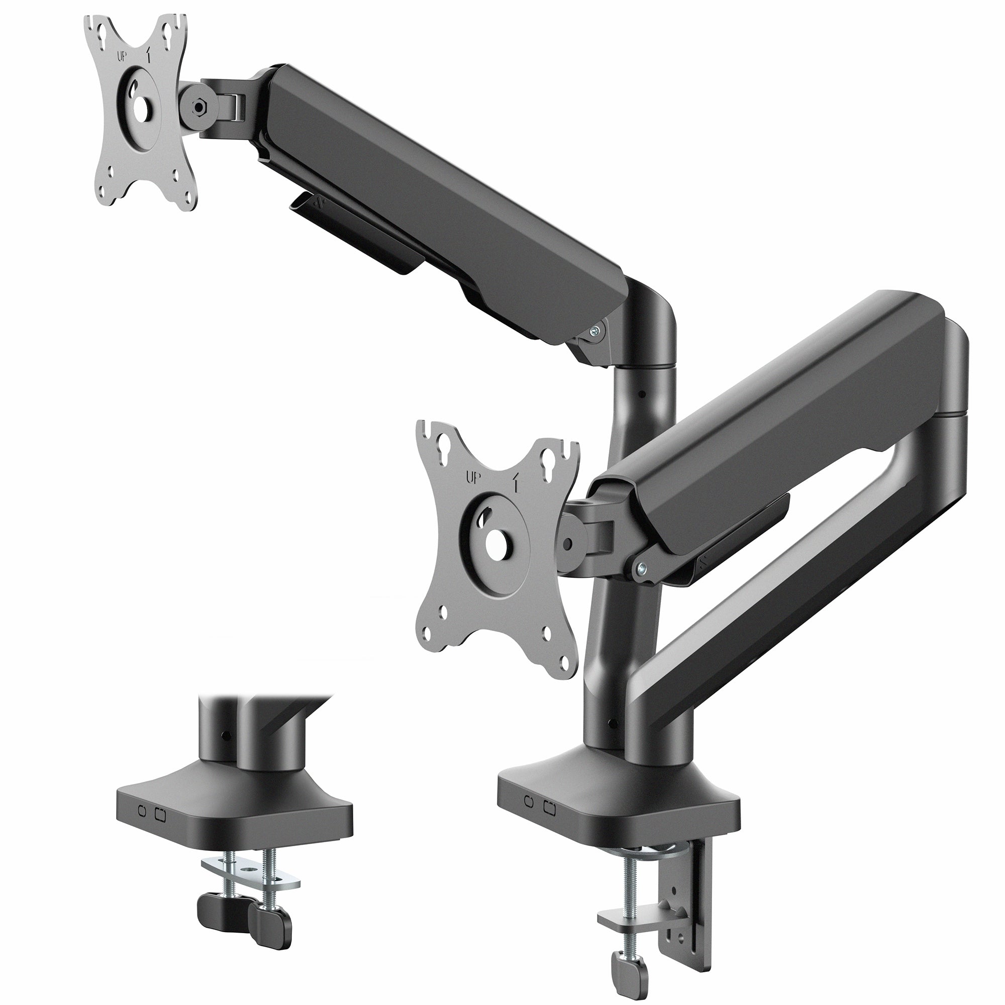 Black adjustable monitor stand on a white background