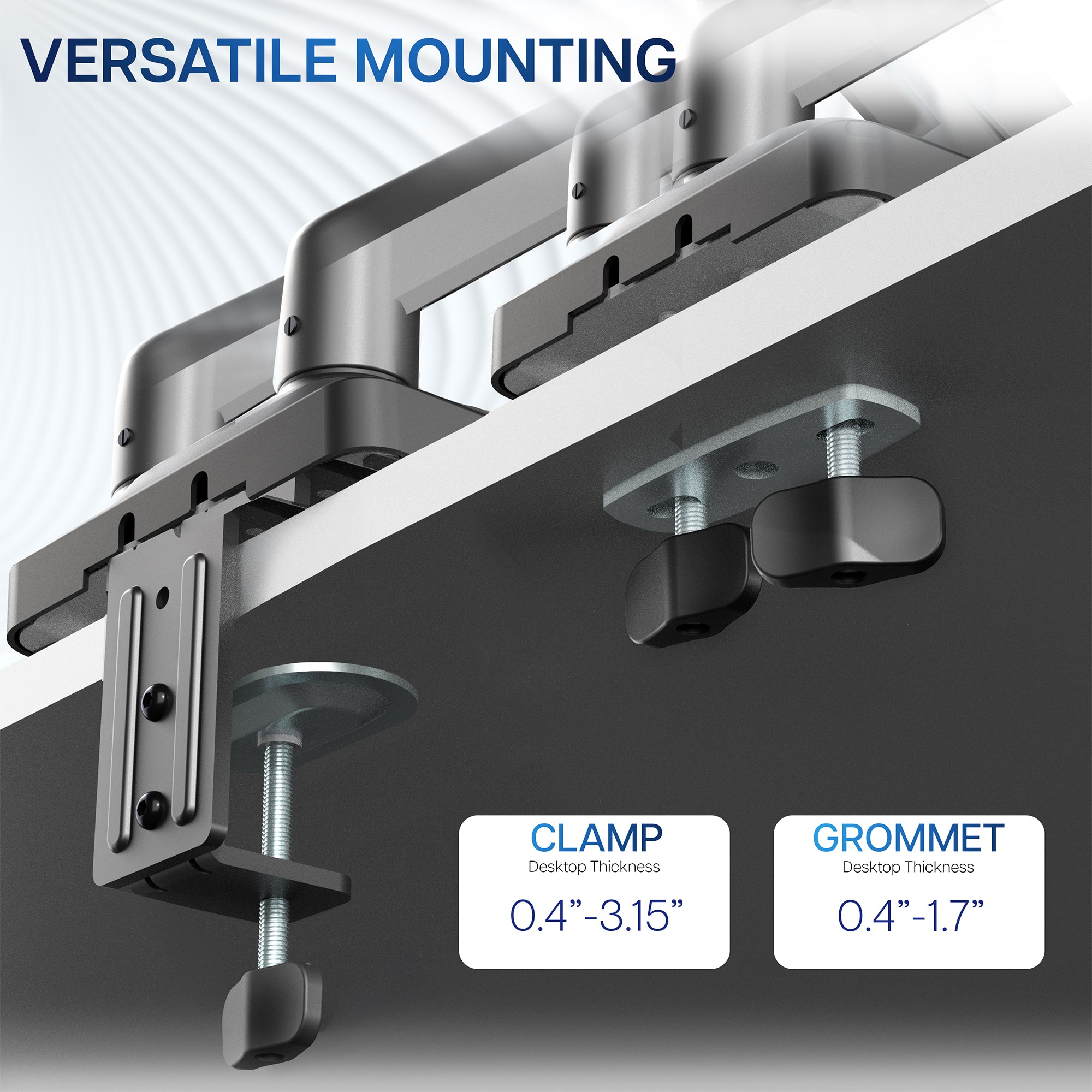 Versatile mounting clamp and grommet with labeled desktop thickness compatibility on a gray background.