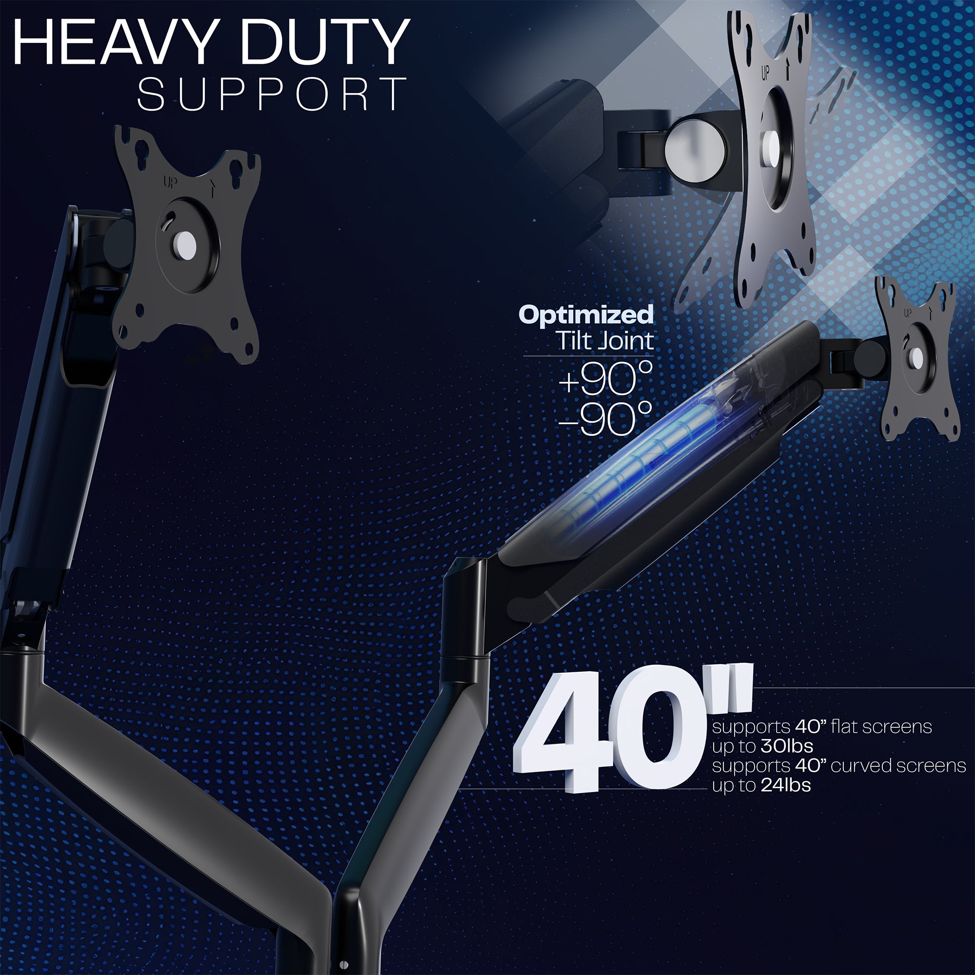 A dual ultrawide monitor desk mount with pneumatic arms with text on a dark blue background.