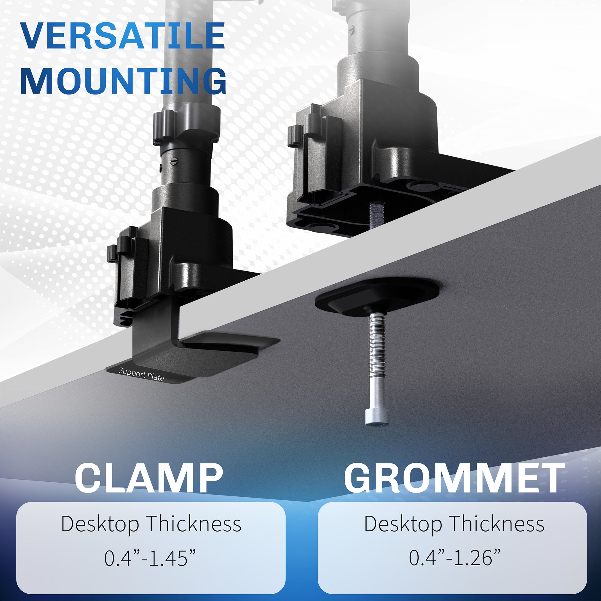 Clamp and grommet for versatile mounting on a desktop with text indicating compatibility range.