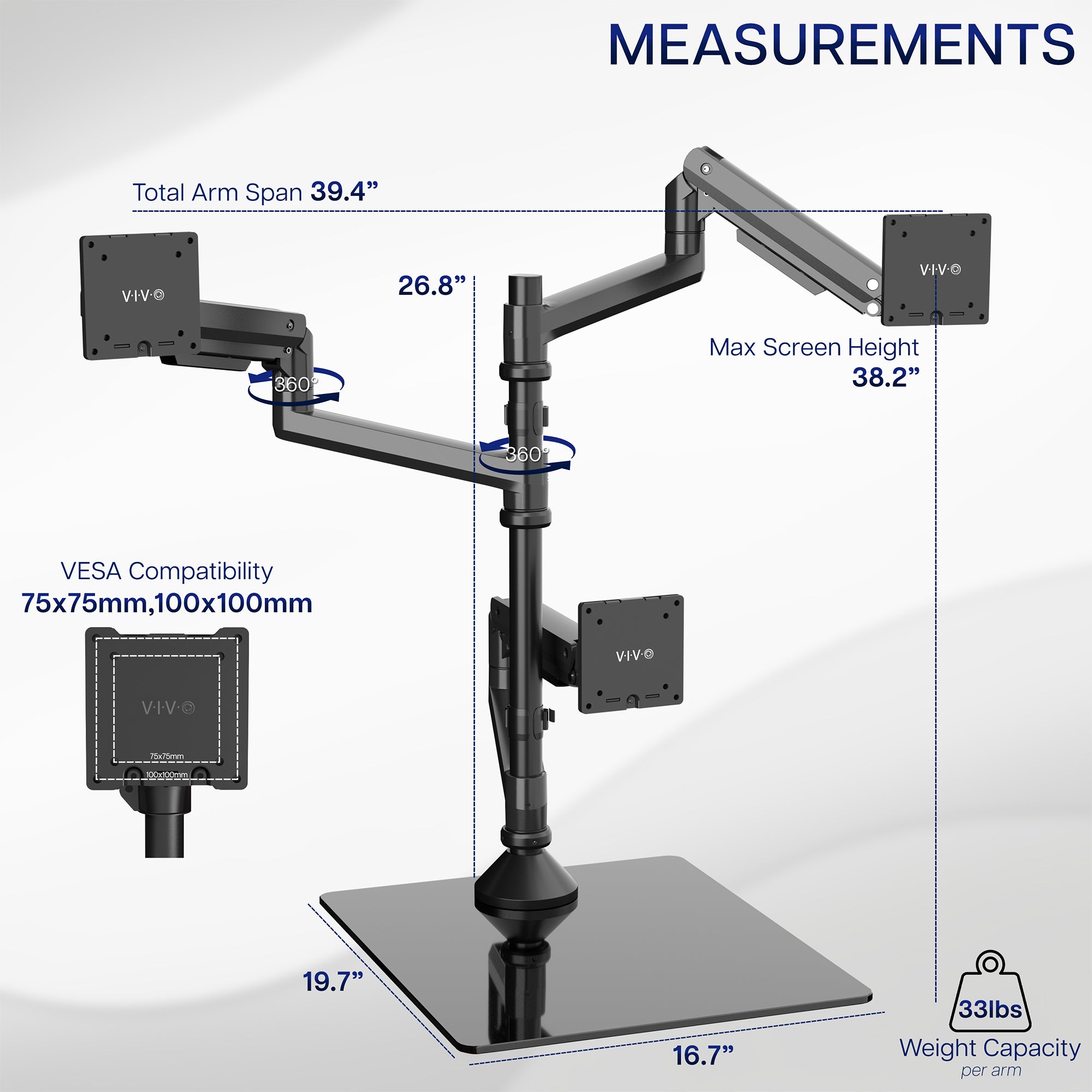 Pneumatic Arm Triple Ultrawide Monitor Extra Tall Desk Stand - Up to 49" Screens