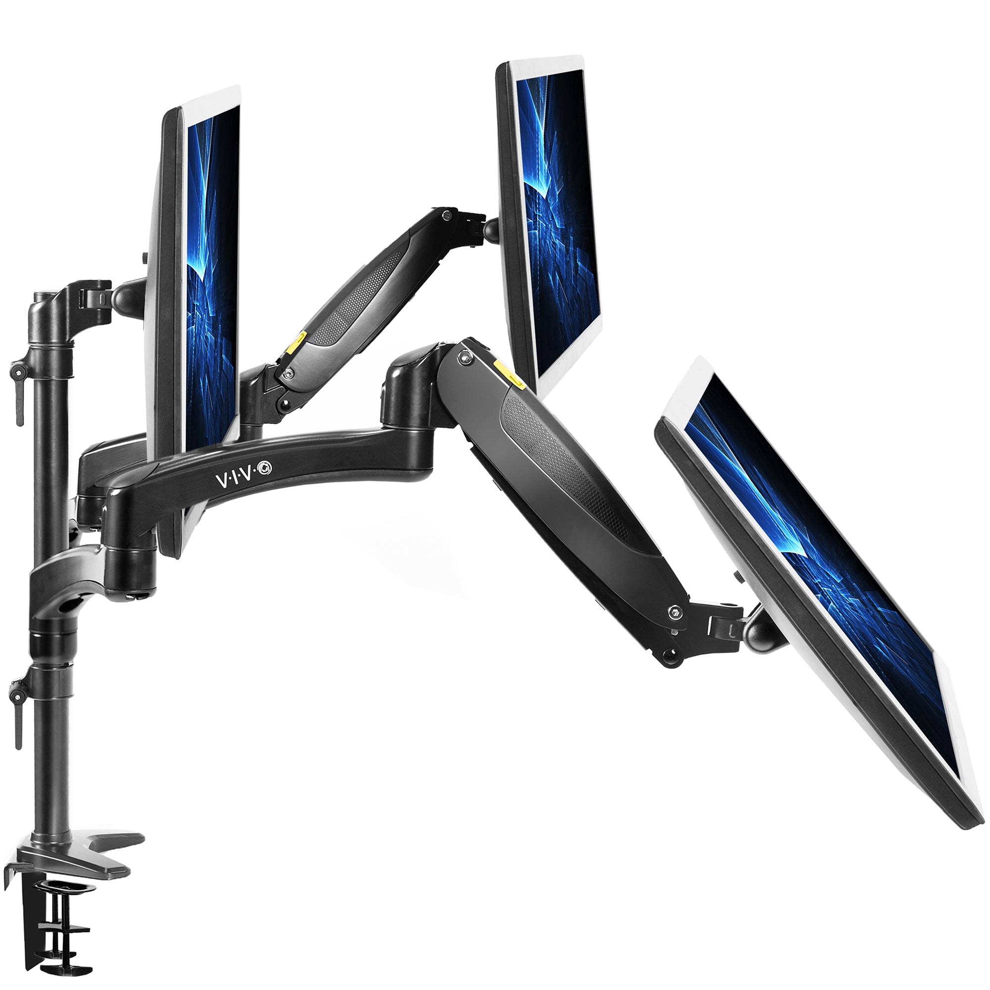 Triple Monitor Desk Mount (2 Pneumatic Arms + 1 Fixed) – VIVO