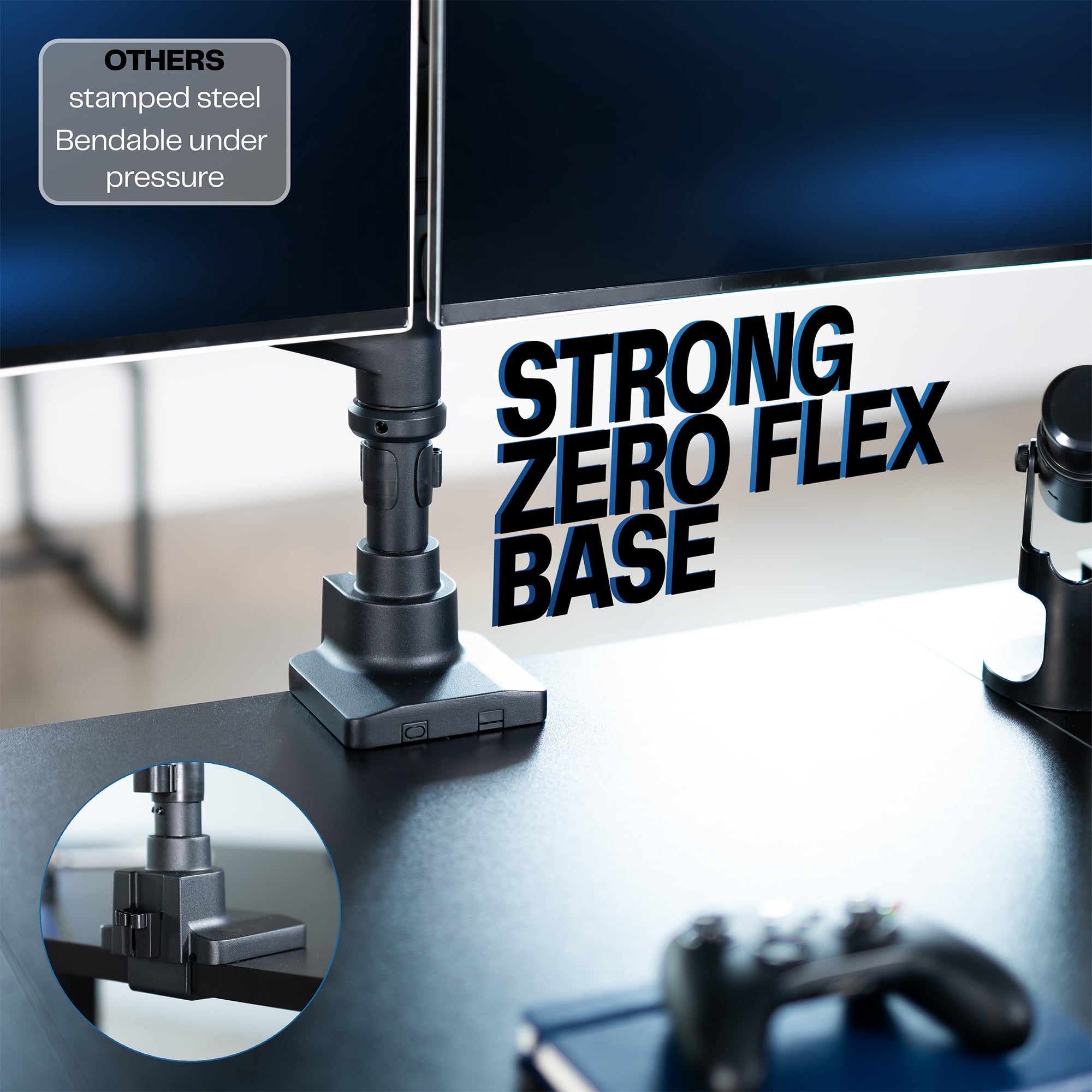 Gaming monitor with a strong zero flex base on a desk.