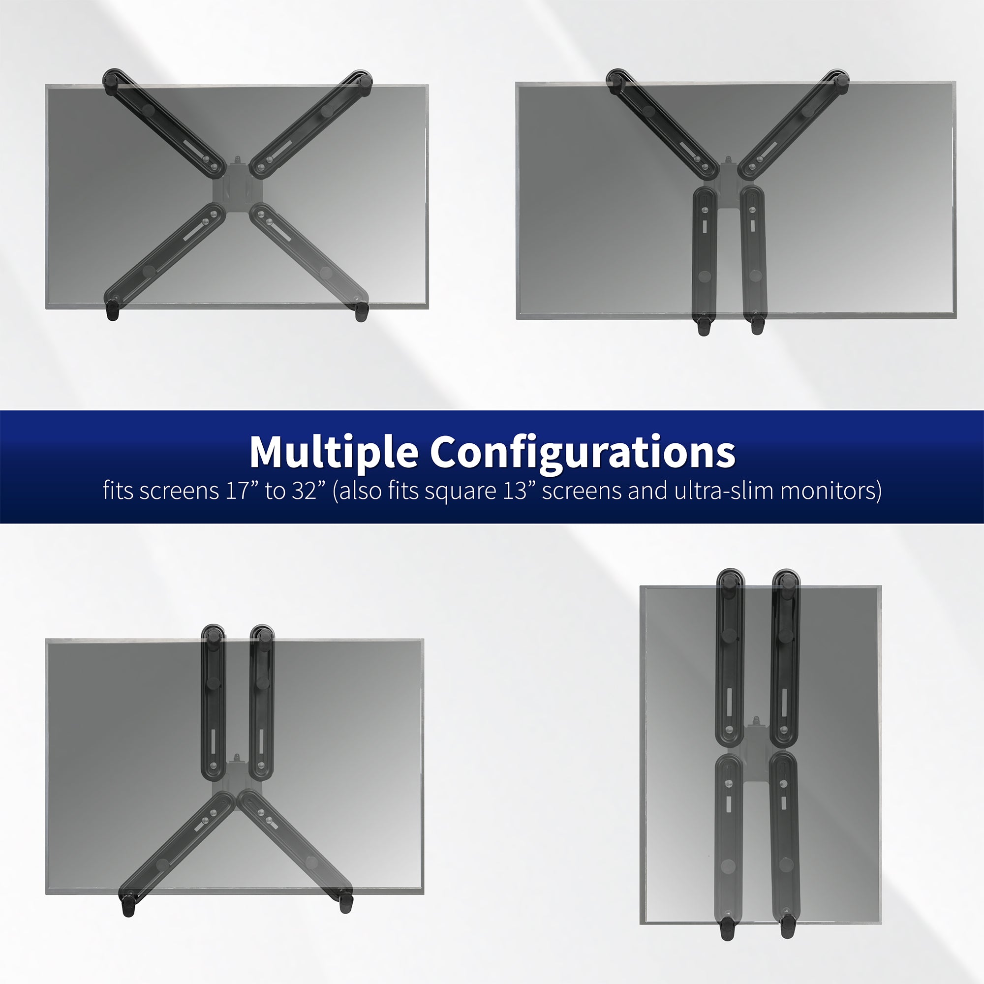 Multiple configurations of TV mount brackets with text indicating compatibility for screens 17" to 32".