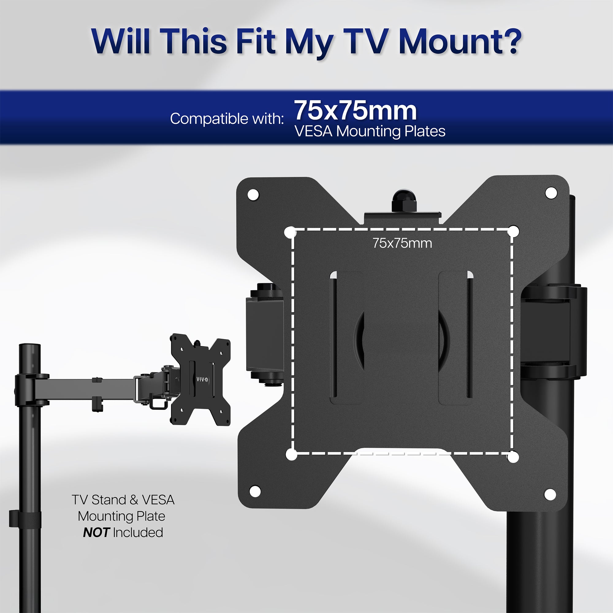 Monitor mount with VESA compatibility information on a white background
