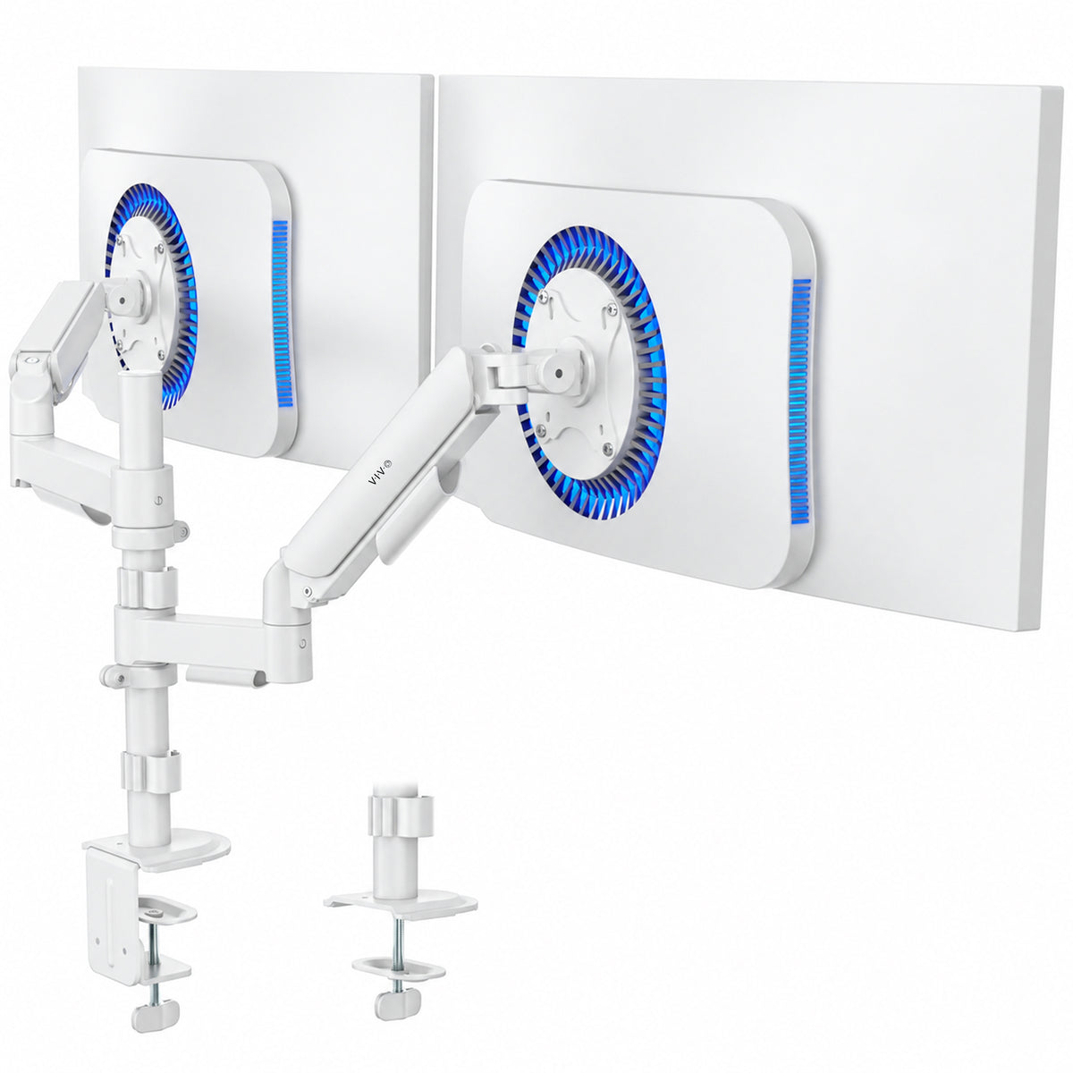 White dual monitor mount on a white background