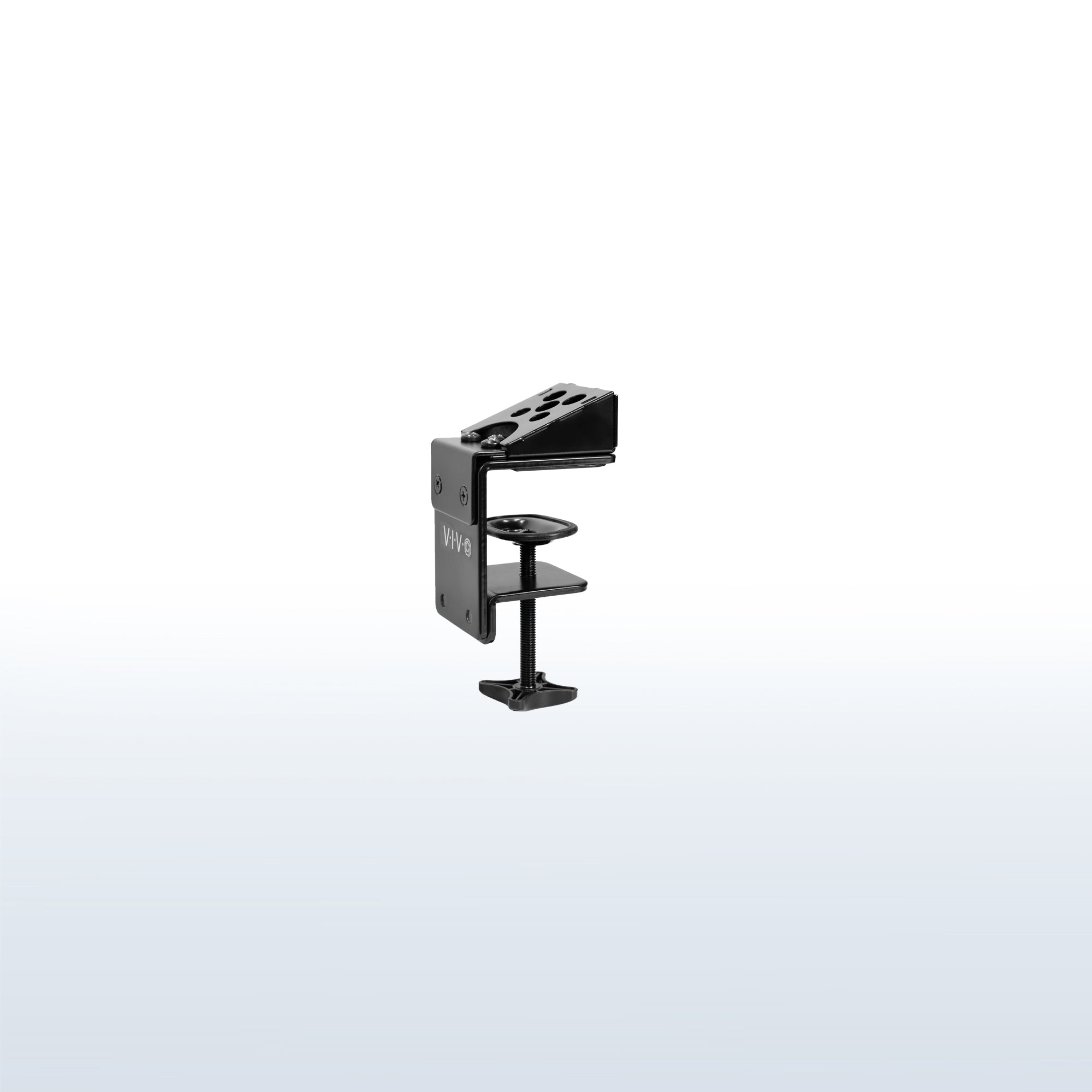 Space-saving desk clamp to mount Samsung monitor while maintaining height adjustment and articulation capabilities.