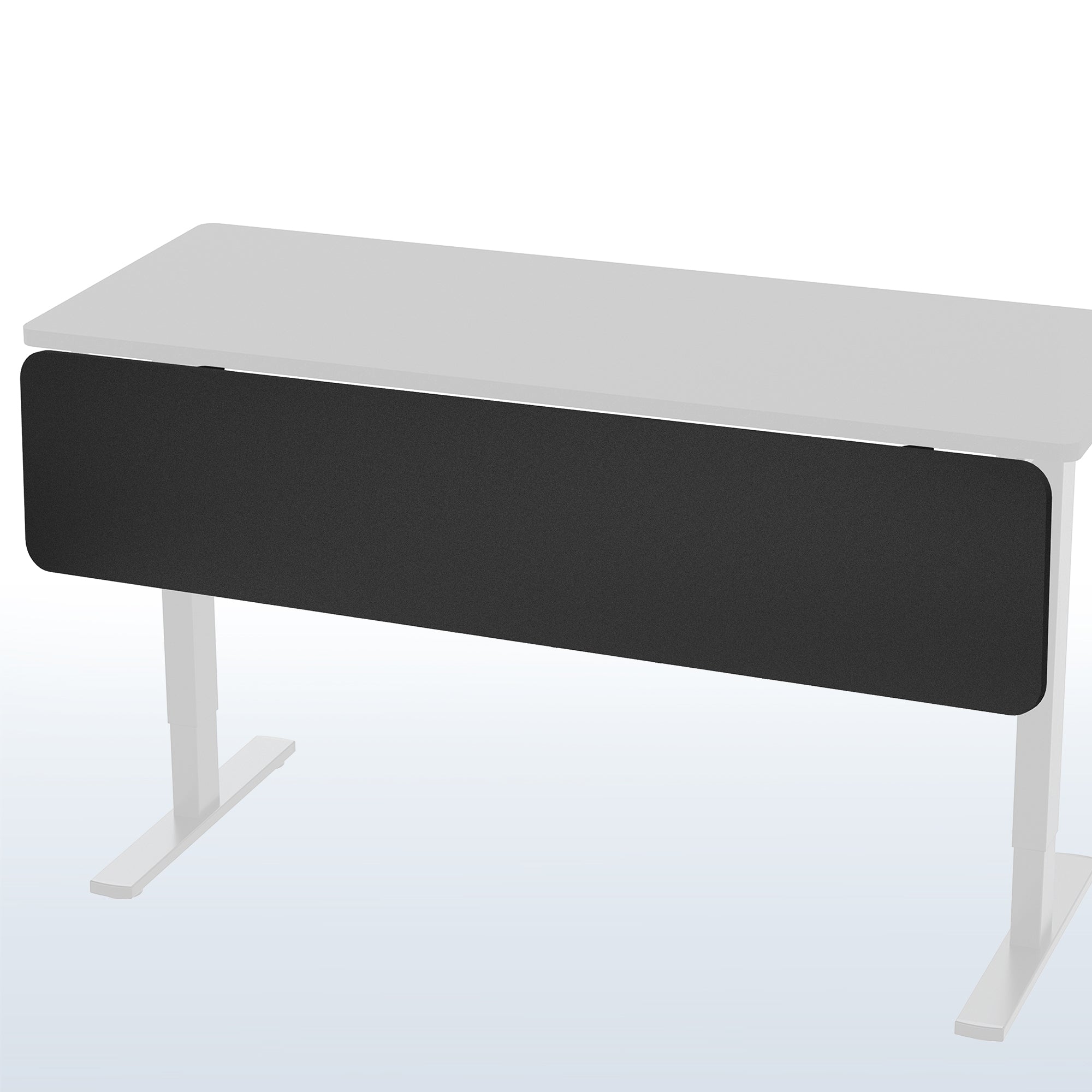 A black laminate modesty panel attached to a white desk with a white leg frame.