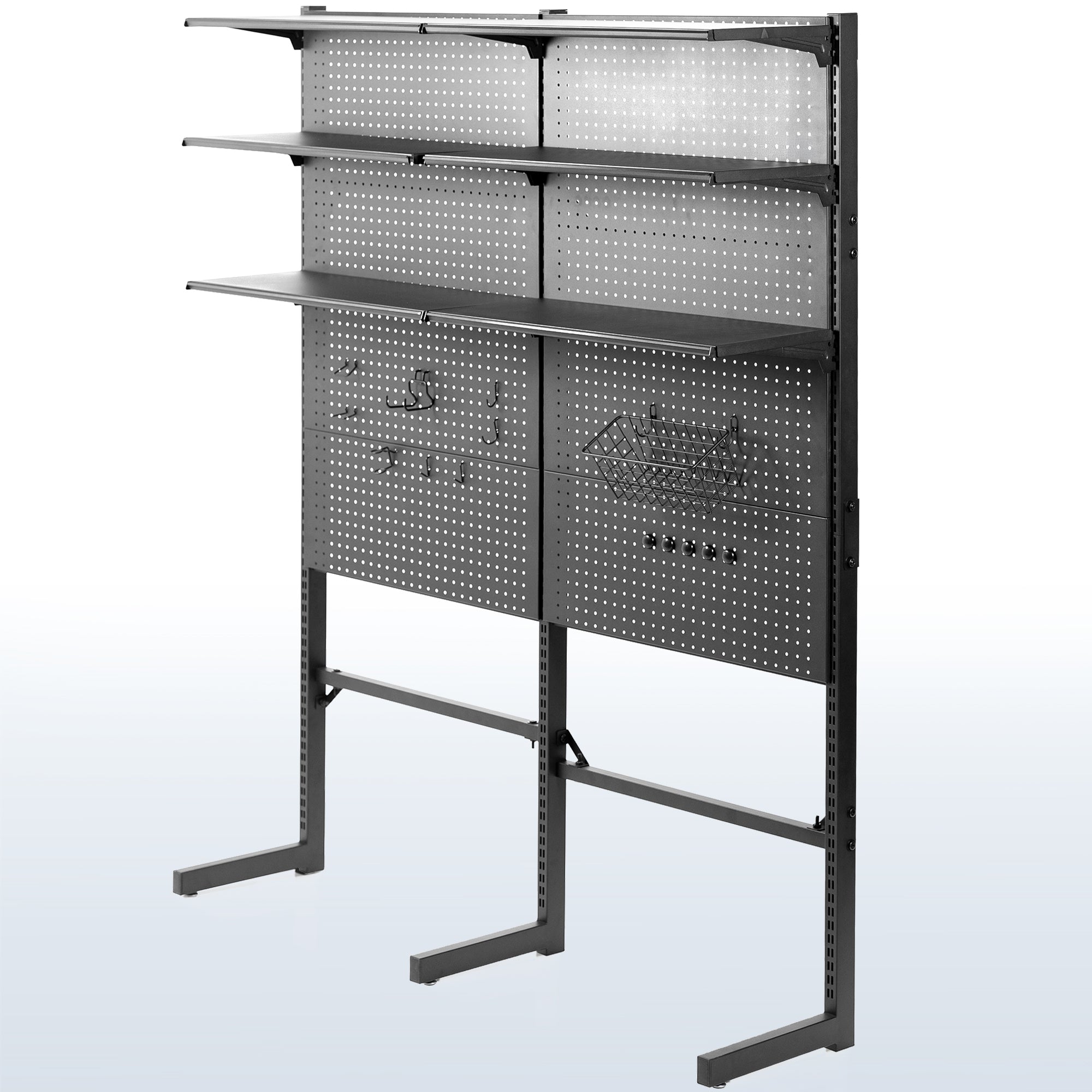 Large freestanding pegboard organizer with customizable setup for organization and space saving.
