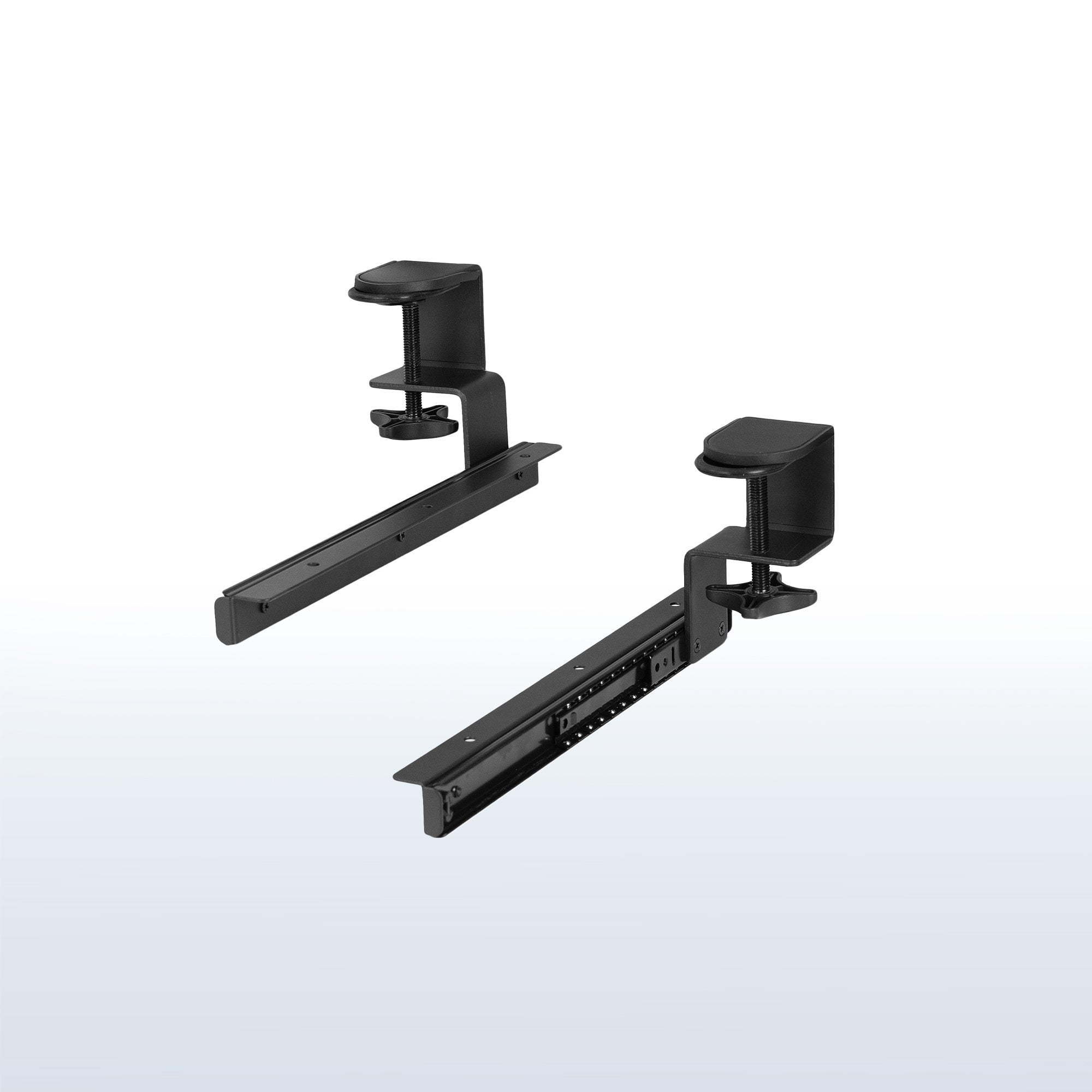 Under-desk sliding pull out keyboard tray clamp and rail set (2 pack).