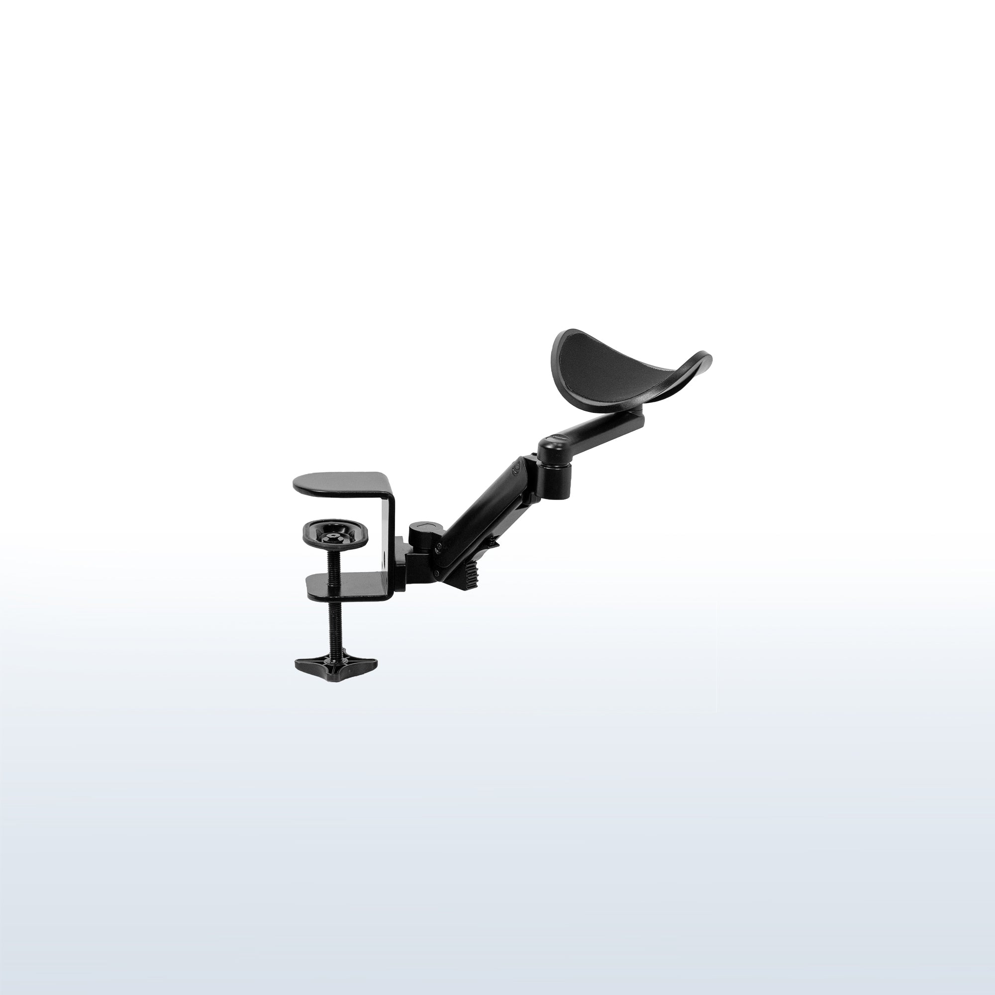 Ergonomic adjustable rotating clamp-on armrest for extra arm support while working.
