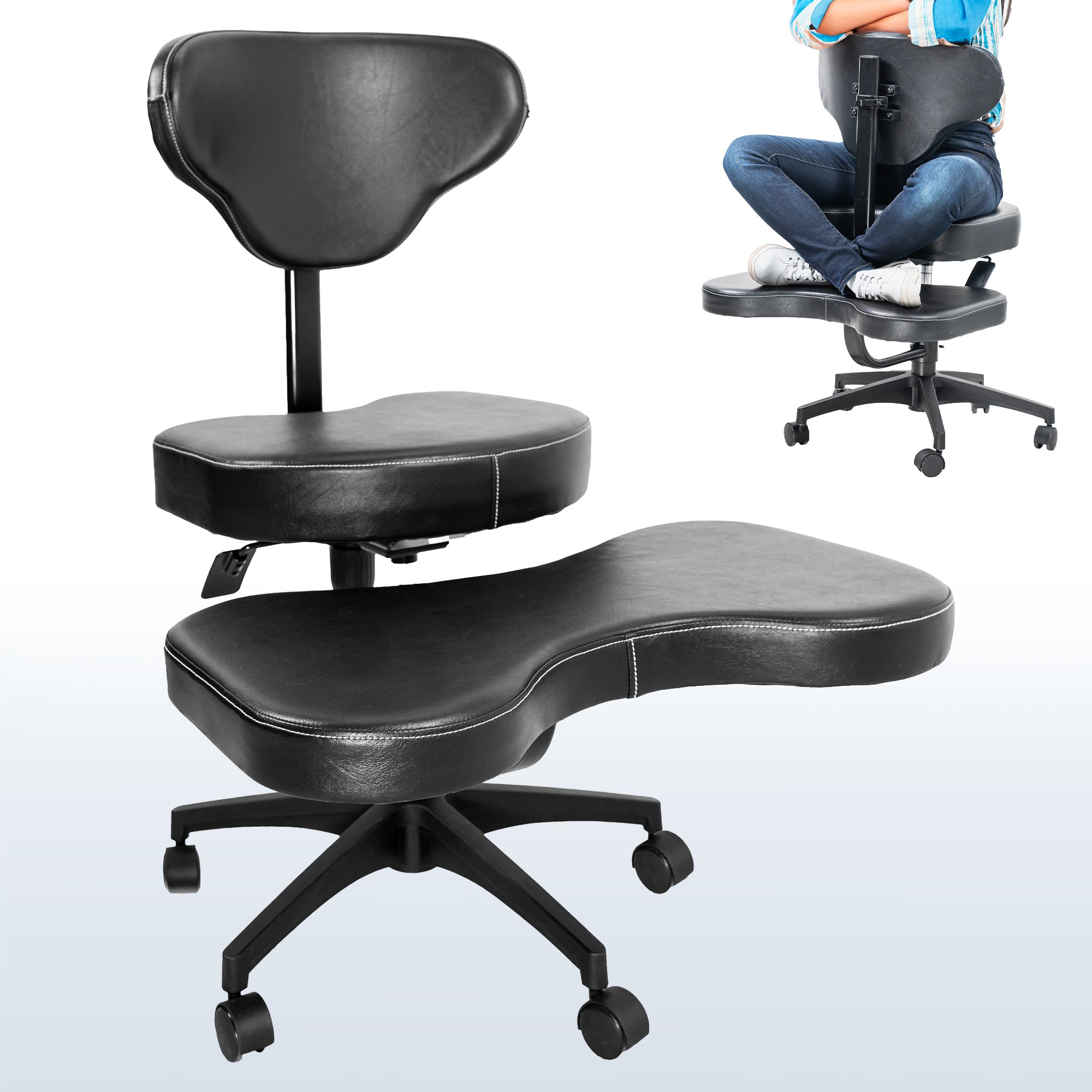 Person sitting cross legged on a black kneeling chair
