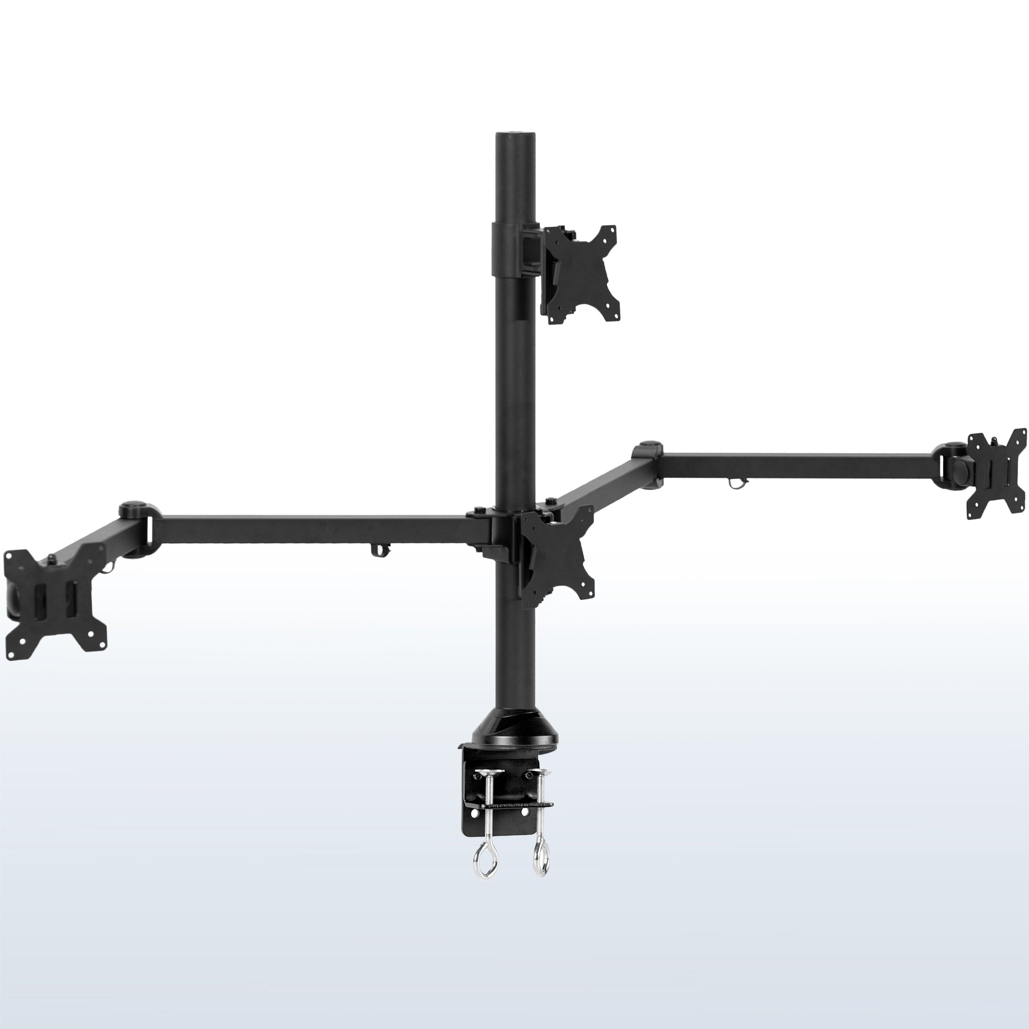 Quad monitor desk mount gives user multiple screens on one stand to multitask and have more viewing flexibility.