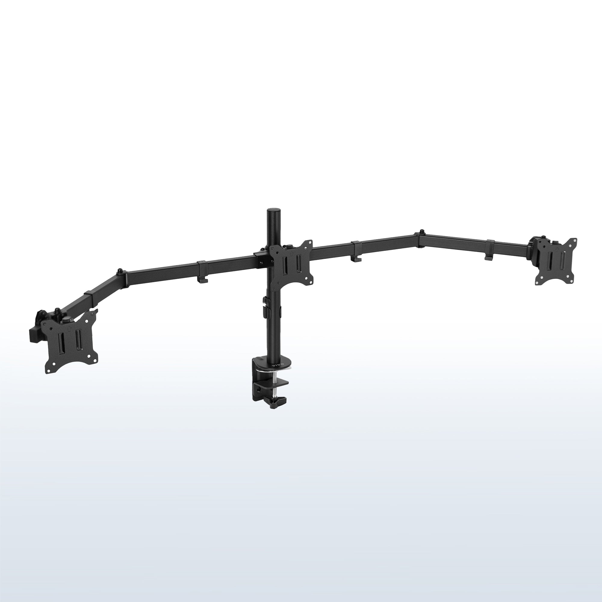Sturdy flush to wall height adjustable triple monitor desk mount.