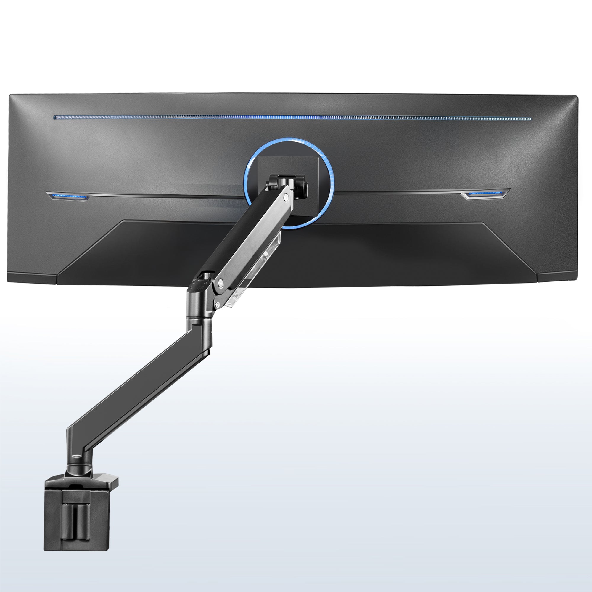 Sturdy adjustable pneumatic arm single ultrawide monitor ergonomic desk mount for office workstation.