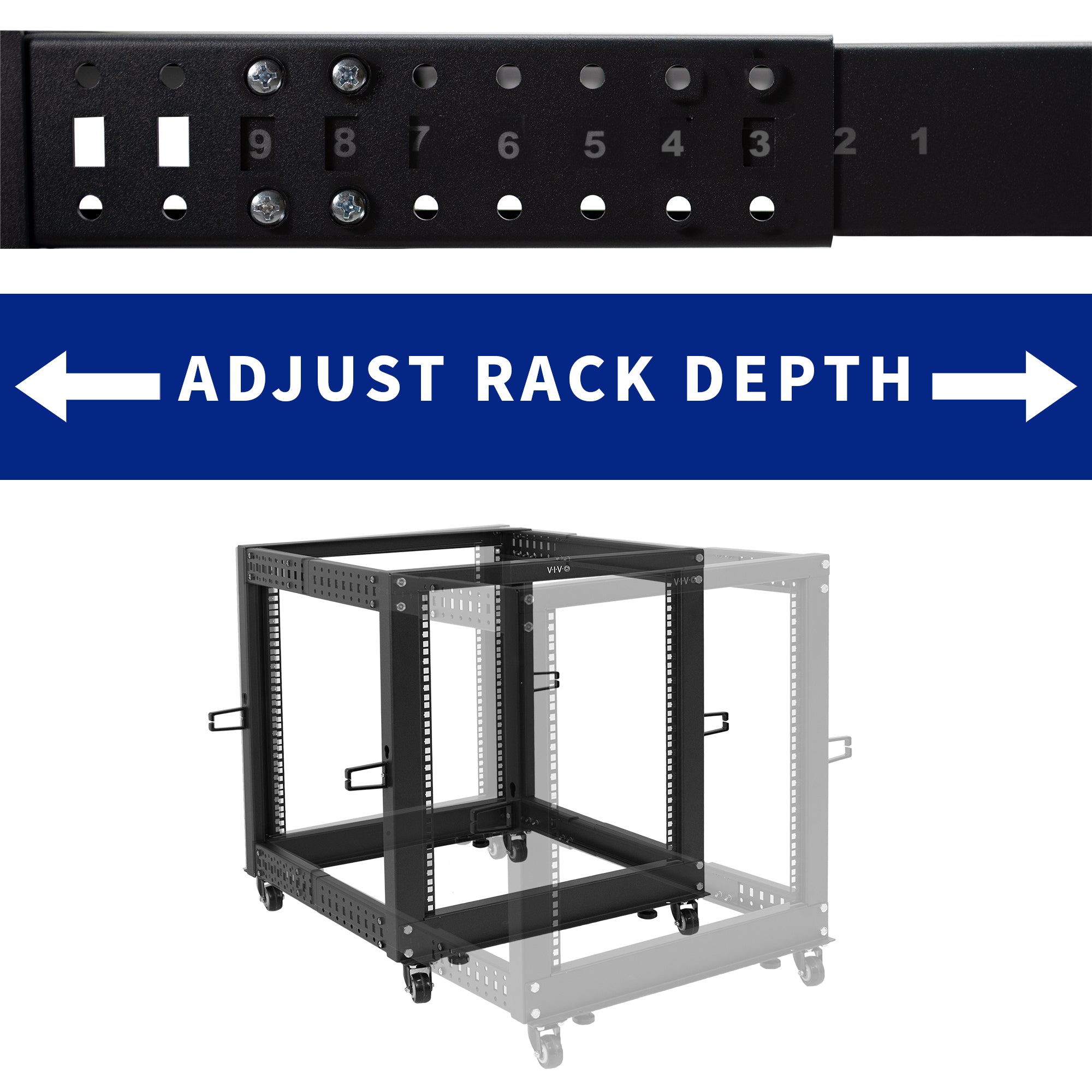 Black open frame rack showing rack depth and adjustment settings.