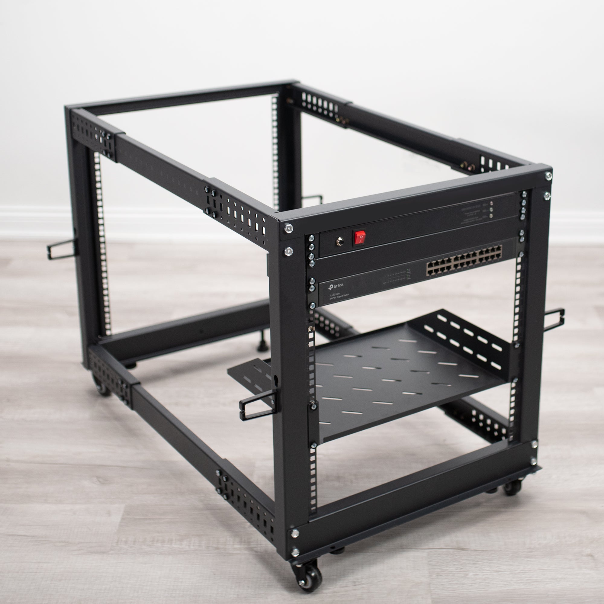 Black network rack with multiple ports.