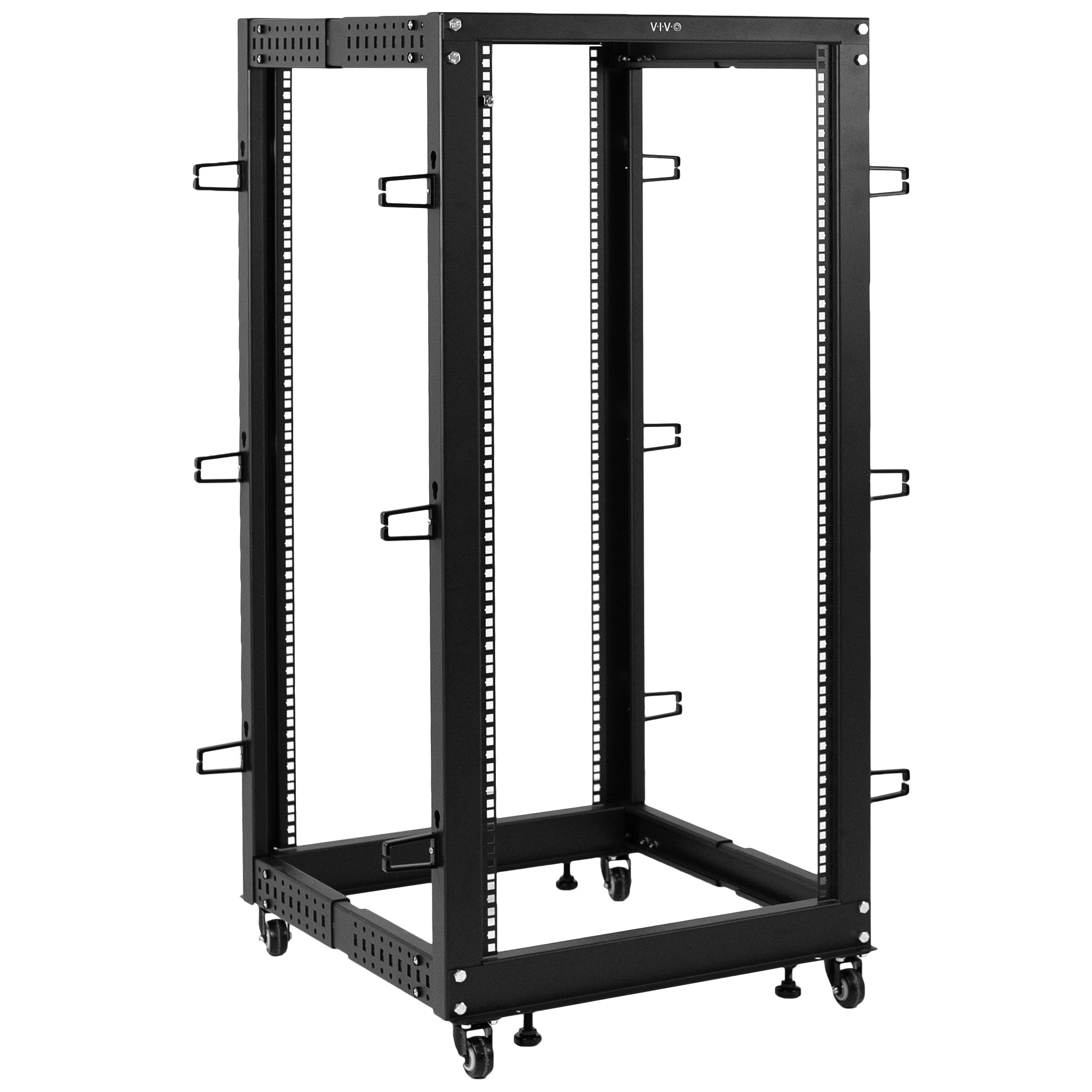 Black network rack with multiple ports.