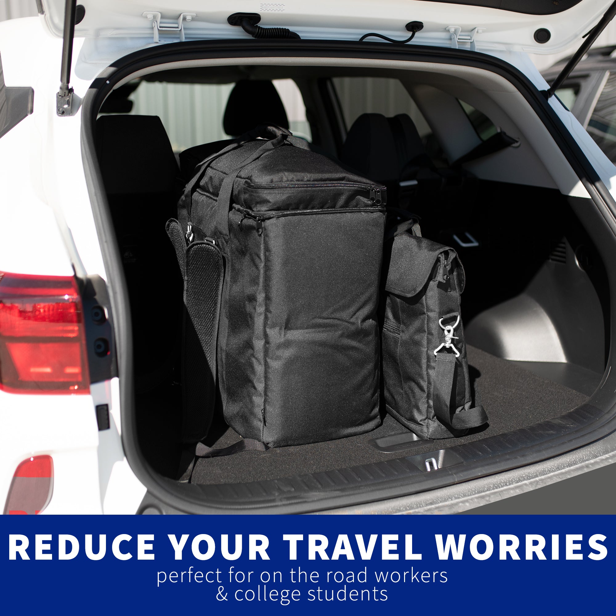 A black monitor travel case with a shoulder strap and multiple compartments.