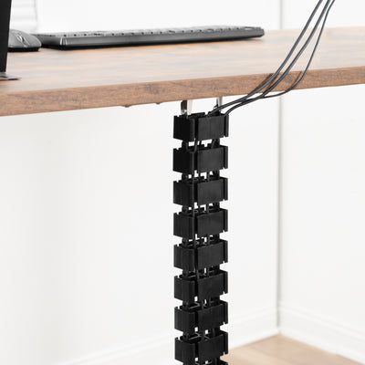 White vertebrae cable management strip connected to a white sit-to-stand desk.